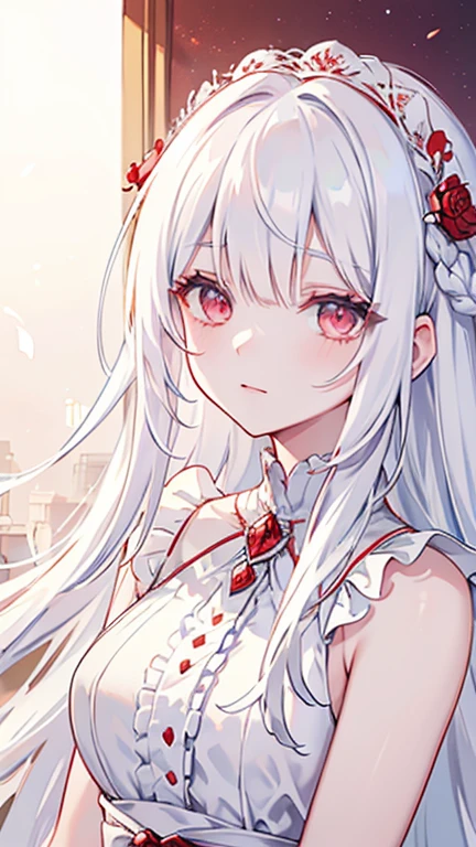 limited palette), best quality, (((masterpiece))), (((beautiful detailed hair))), (((beautiful detailed skin))), solo, ************, younger, ****, (((white hair))), red eyes, (mascara), blunt bangs, ((hair over eyes)), long hair, medium breasts, frilled white dress, white frills, too many frills , rose, noble, loyal, brides hair head, (((eye focus))), (((expression horny))), blurry background, shining eyes, star eyes, (red theme), bedroom background, looking at viewer, (((hair tucking))), (( (night))), half-closed eyes, close-up, (((hair ornament))), upright body, neatly cut bangs, braided hair behind head, sleeveless dress