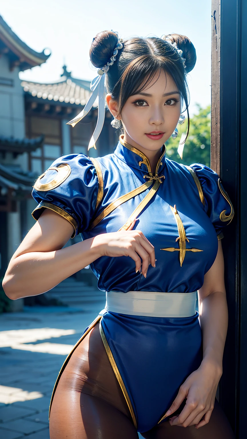 《Street Fighter》Chun-Li,Perfect Chun-Li Costume,Blue and gold cheongsam,Bun head,Good cover,Fighting Stance,ハイKick,Kick、Lift your legs,masterpiece、1 beautiful girl、beautiful eyes、Puffy eyes、best quality, 超high resolution, (Reality: 1.4), Light、Super beautiful、Beautiful Skin、Turn your body forward、(超Reality的な)、(high resolution)、(8K)、(Very detailed)、(美しくbeautiful eyes)、(Very detailed)、 (wall-)、Delicate face、明亮的Light、Professional Lighting、Looking at the audience、Direct vision、Tilted stone sculpture, best quality, masterpiece, best quality, Perfect face, Perfect brown eyes and white sclera, Bad Move - 5, solitary, 1 girl, Upper Body, Brown hair, From SF2, Chinese service, Smile, Muscle woman, Blue clothes, Pantyhose, Pelvic Curtain, Full short sleeves, Good cover, sash, appraise:, huge breasts,pantyhose,earrings,Cleavage,Low-cut