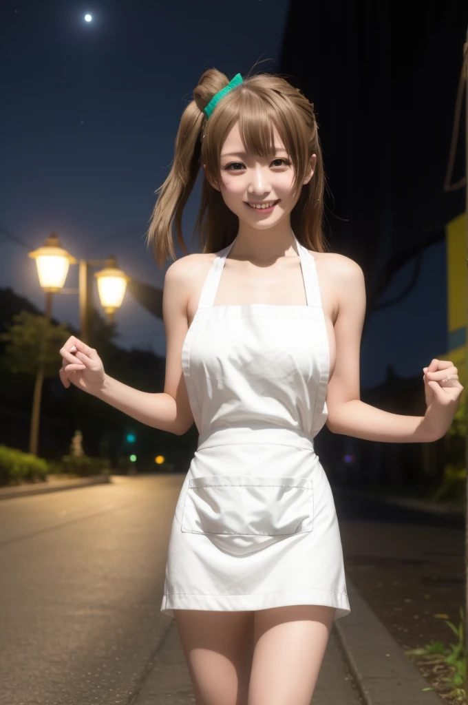 Kousaka honoka、(chibi:1.1),A smile、standing,in street, night,inder the moonlight、Wearing only an apron、breasts, (bottomless:1.2), ass,looking at viewer,naked, bent over 