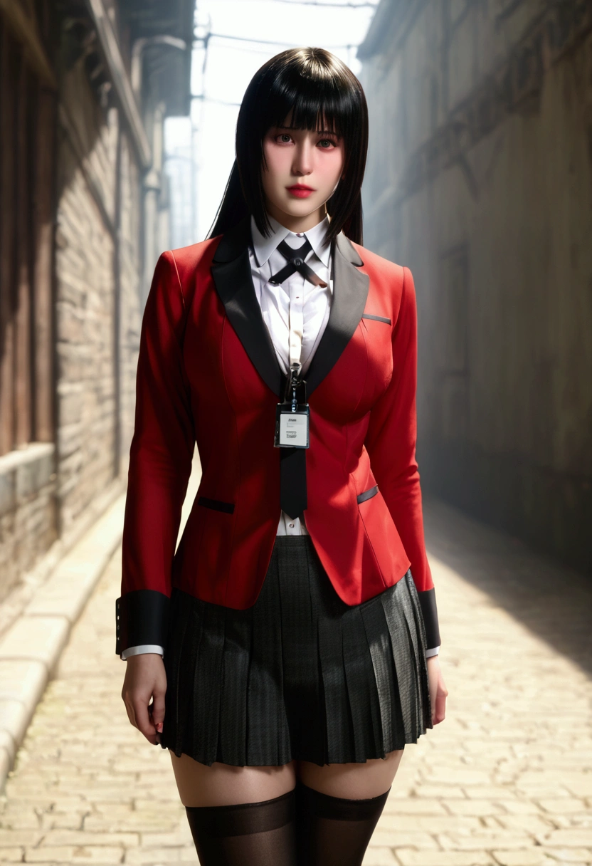 bmasterpiece、top-quality、hight resolution)、 Real life adaption for this character, Masterpiece, high quality, best lighting, cinematic, 1girl, Yumeko Jabami, black hair, (perfect body), a red blazer with black trim lining the cuffs and collar, a white button-up dress shirt, a dark pleated skirt, a tie and black/grey colored stockings looking at viewer, standing, outdoors