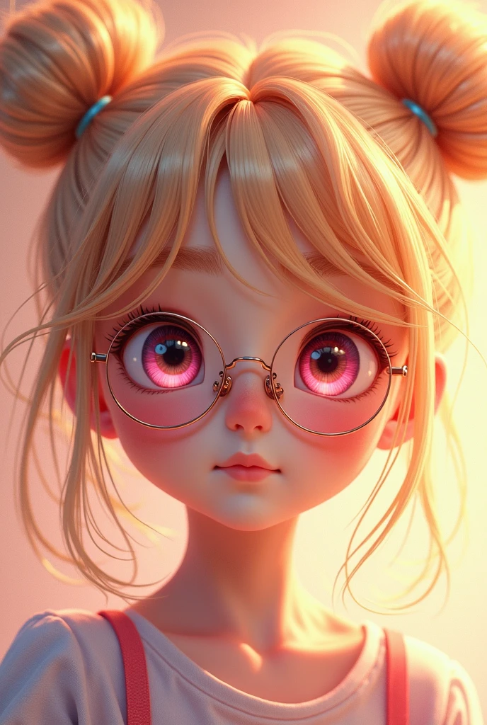 Boy avatar，Hair is brown and slightly curly，The left eye is blue，Light pink on the right eye，The upper part of the body，wears glasses，Open your small mouth