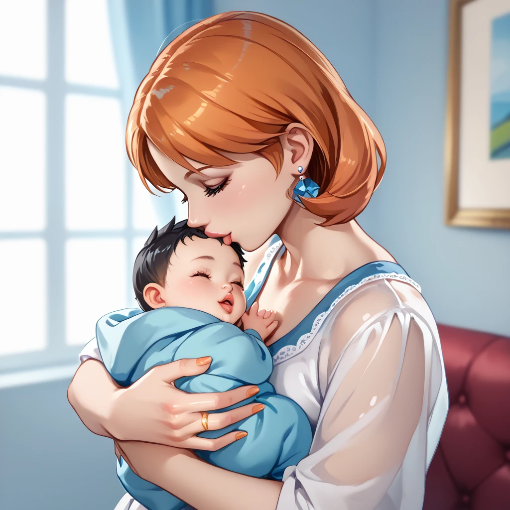 highly detailed, (duo focus), highres, 1woman, 1baby, BREAK, 1woman, Misty_G2, orange hair, gold wedding ring, ring on ring finger, blue teardrop earrings, blouse, holding baby, BREAK, 1baby, black hair, baby black hair, mother with , babyry, swaddled, kiss to forehead,