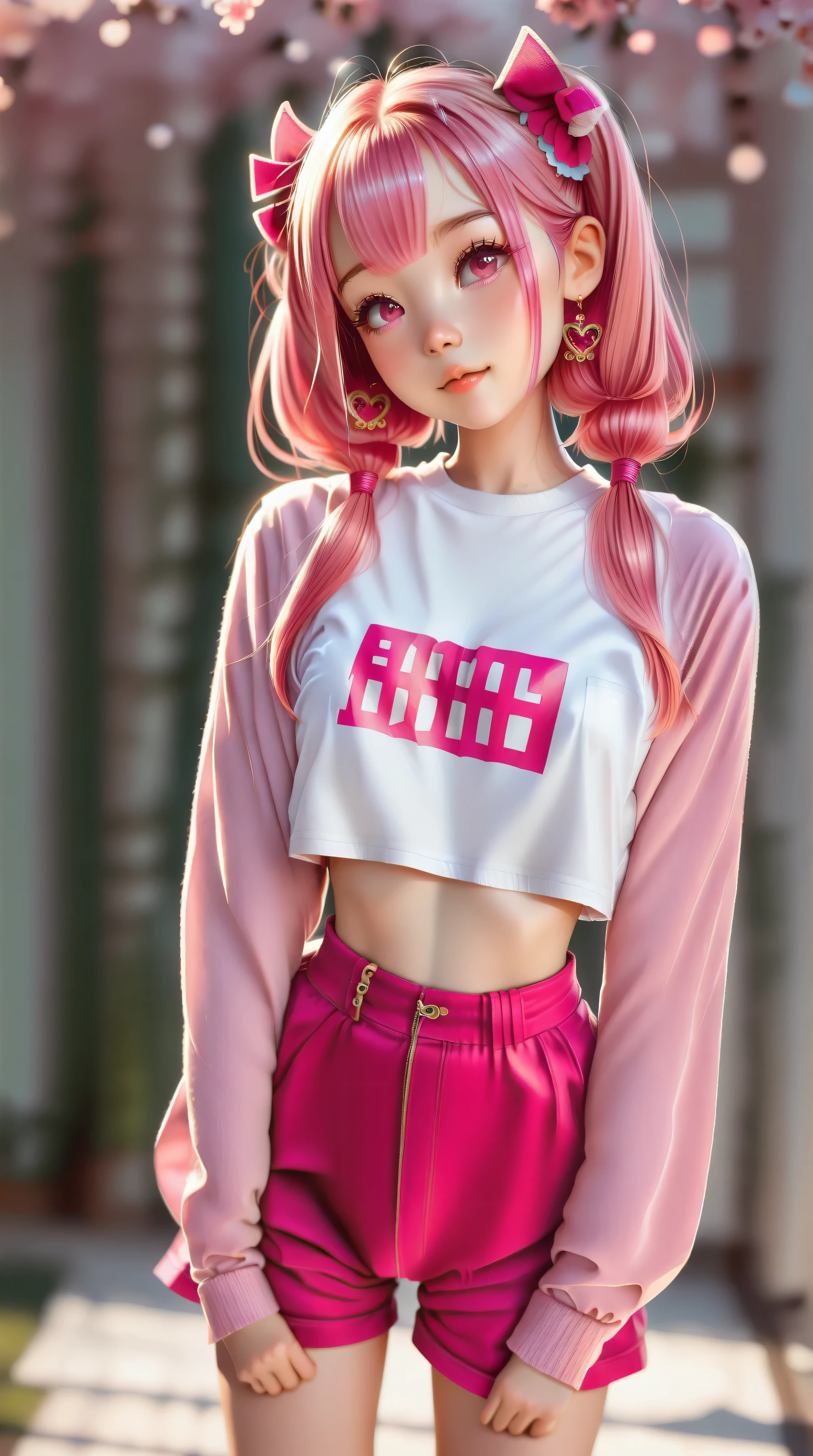 cute girl, breasts, big expressive eyes, cute face, soft skin, pink hair, pigtails, tight crop top, shorts,