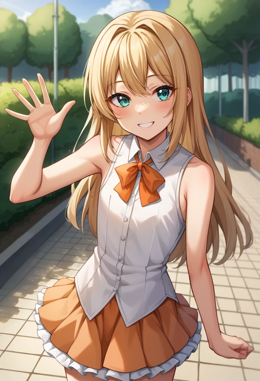 score_9, score_6_up, source_anime, uncensored, cowboy shot, BREAK 
1girl, solo, teenage, short girl, beige blonde hair, long hair, feathered hair, feathered bangs, turquoise eyes, flat chest, 
(white sleeveless blouse, light orange frilled skirt, orange ribbon bowtie), 
looking at viewer, smile, open mouth, waving, standing, bare legs, BREAK 
outdoors, park, noon