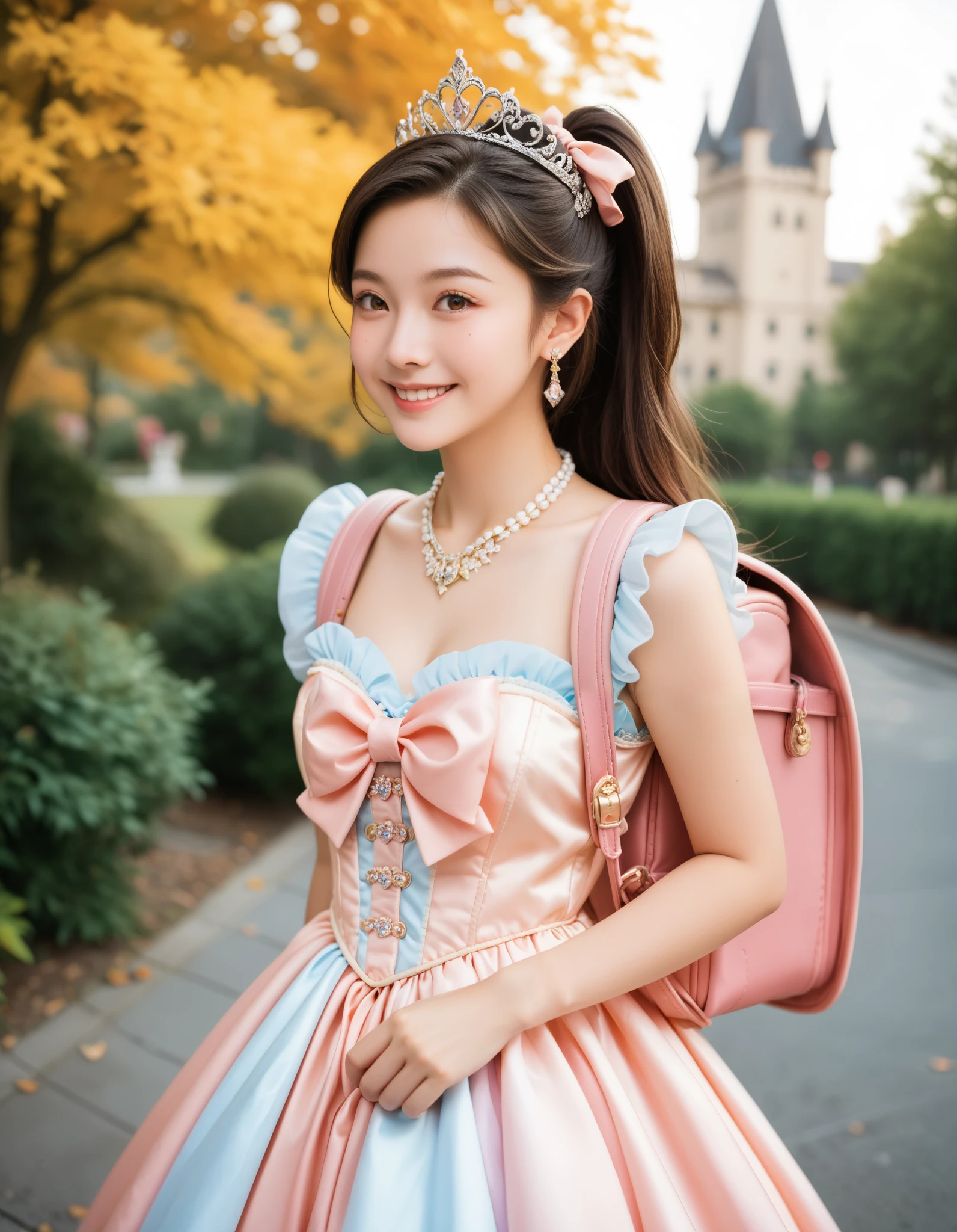 masterpiece, best quality, highres, 1girl, long hair, one side up, solo, ponytail, brown hair, long hair, hair ribbon, brown eyes, mole under eye, cowboy shot,princess dress, princess Costume, colorful princess dress, wearing Tiara, luxury dress,bowtie, smile, frilled dress, tiara, necklace, earrings, luxury jewelry, wearing randoseru backpack, pink backpack,  standing, outdoor