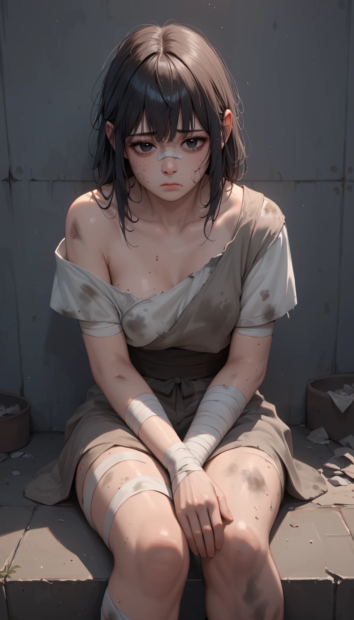 score_9,score_8_up,score_7_up, 1girl, homeless, poor, dirty old clothes, messy black hair, bangs, black eyes, dirty skin, sad, sits in front of the wall, garbages, high quality, high res, best quality, masterpiece, 