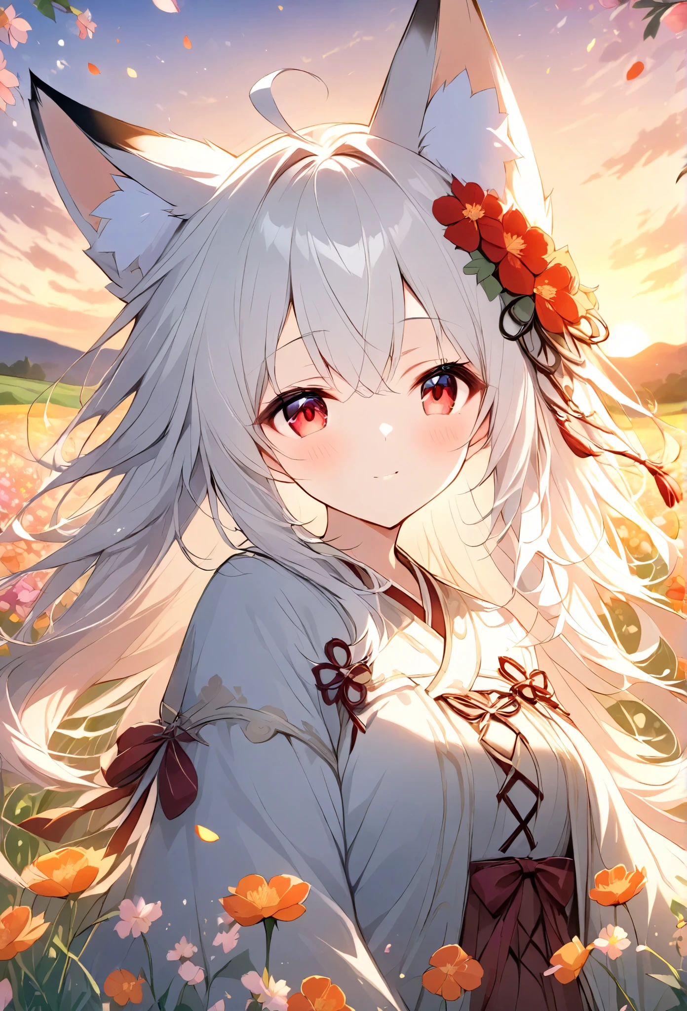 Rakifox,White Hair、 red eyes、middle ages、background of a field of flowers at dusk、Rural Daughter 、Floral decoration、Light effects,sunset、Petals fluttering、beautiful