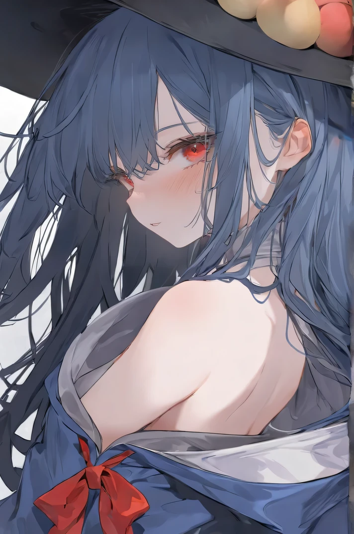 score_9, score_8_up, score_7_up, source_anime, anime screencap, outlines, (chibi:0.6), woman, 1girl, long hair, multicolored hair, black hair, sidelocks, blue hair, wavy hair, naked, scars on back, burn scars, standing, hands on own ass, from behind, ass, medium breasts, closed mouth, smile, blush, upper body, nsfw, white background