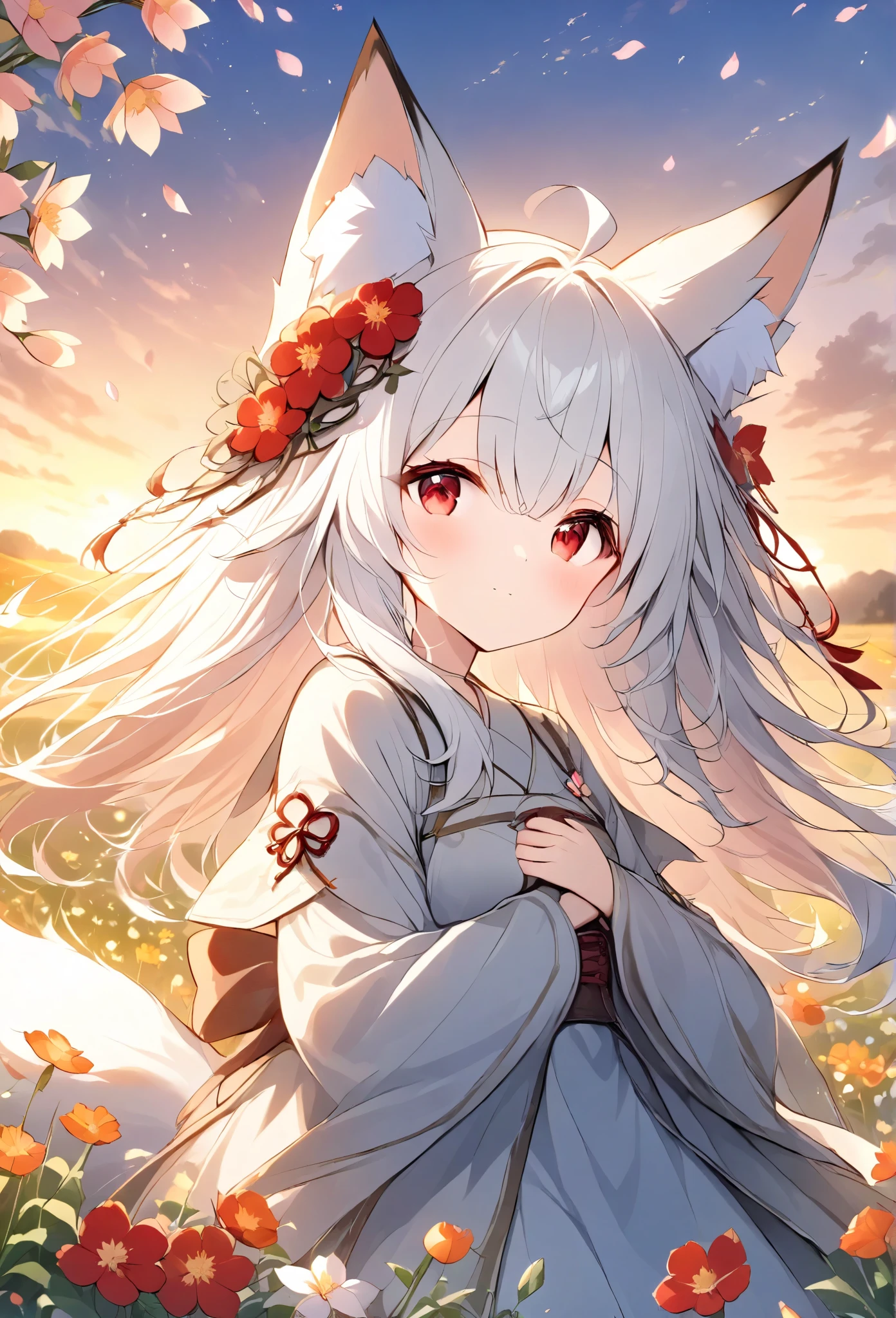 Rakifox,White Hair、 red eyes、middle ages、background of a field of flowers at dusk、Rural Daughter 、Floral decoration、Light effects,sunset、Petals fluttering、beautiful