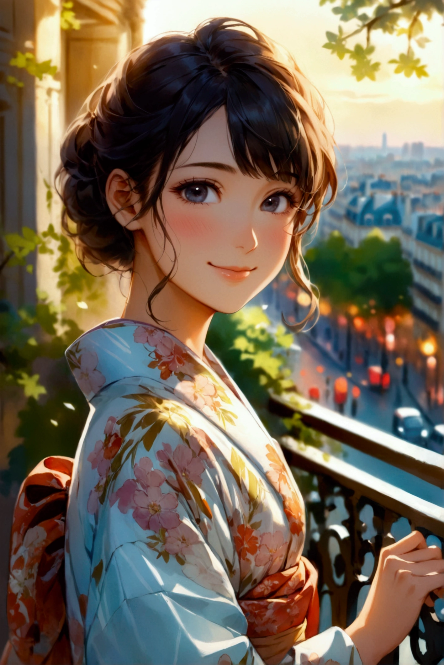 A medium-body shot of a cheerful young Japanese woman in her twenties, standing on a Parisian balcony and holding the handrail. She is looking directly at the viewer with a subtle smile, blush on her cheeks, radiated by her slanted beautiful black eyes. Her fair complexity smoothly glows, accentuating her diamond face shape, pointed nose, high cheek structure, and glossy lips. She wears a refined yukata with a vibrant geometric print referring an evening of a pleasant day in spring. This cinematic scene is set against the urban landscape of Paris featuring the Arc de Triomphe far away. ((medium body shot)), smile, (wide view), highly detailed, soft colors, natural tones