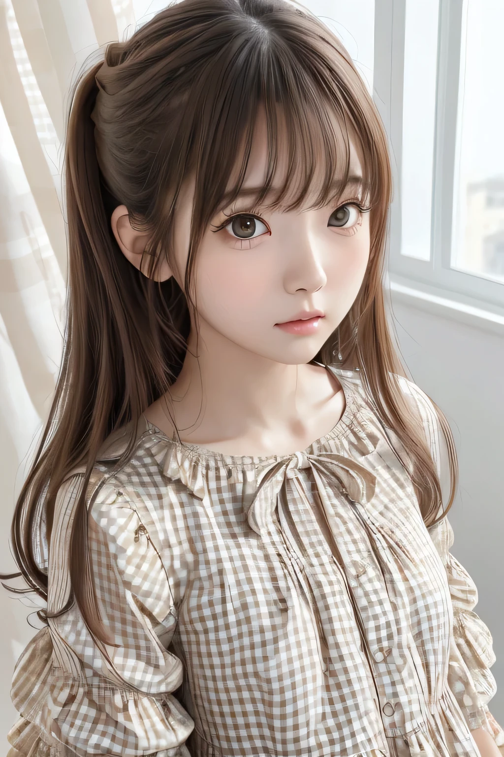  RAW photos 、 Photorealistic、masterpiece、 top quality、 depicted in detail、 super high resolution 、 girl、solo、Crazy Long Hair、(face focus close-up)、Baby Face、beautiful breasts、(beige gingham check dress:1.4)、