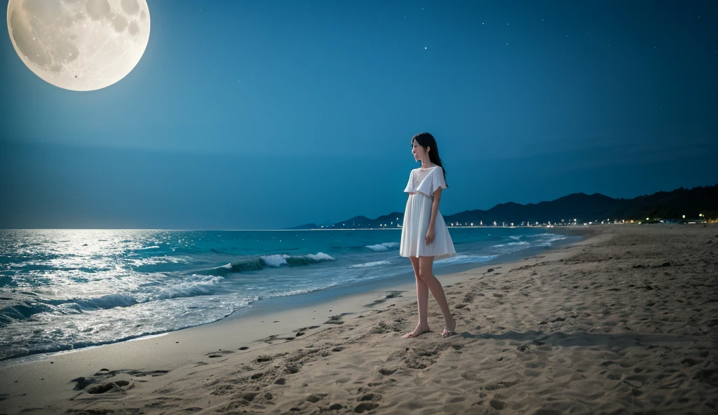 Night sea　 sandy beach　moon　 cool woman 