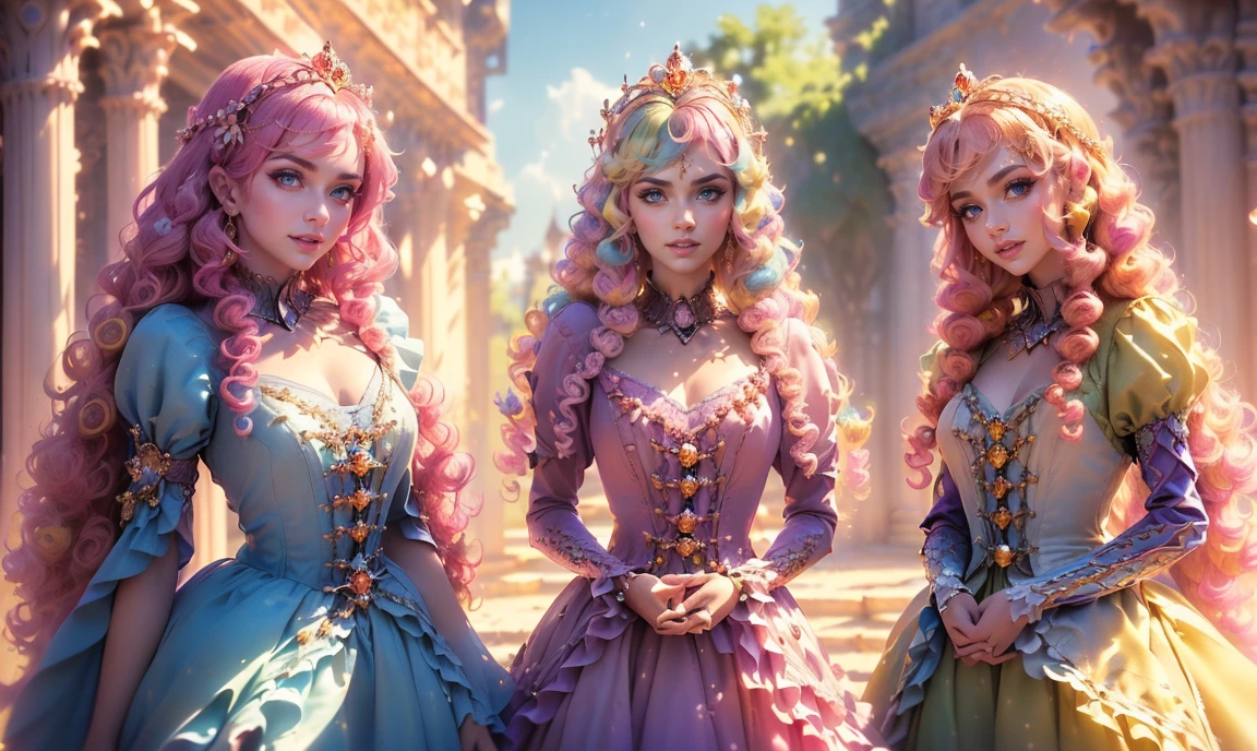 fantasy ambience. close up. standing very close and bunched together. ((3 unique lovely young woman princesses:1.5)), unique personalities, ((each with a unique excited happy expression:1.5)), (((each with a unique natural hair color:1.5))), (((each with unique natural eye color:1.5))), wearing stunning flowing clothes, ((looking straight at the camera:1.5)), pretty castle ruins background.
