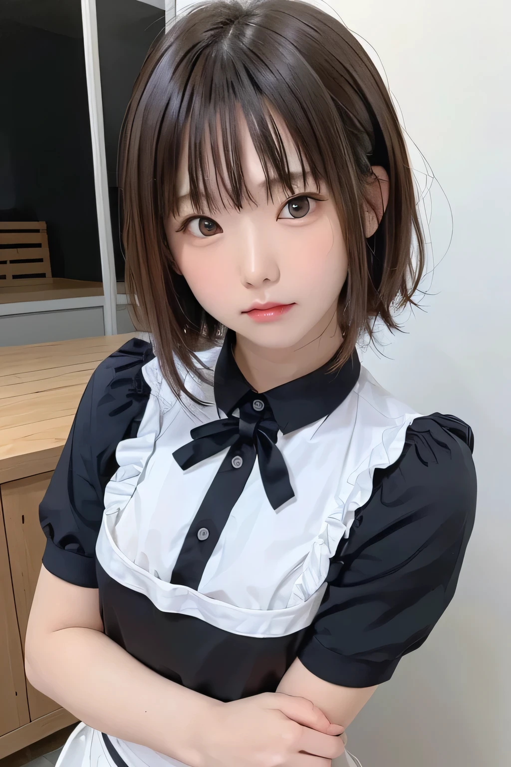 (masterpiece、 top quality、 Super detailed description、 super high resolution )、( Portrait Shooting :1.3)、 girl、solo、((small chest))、cute、 idol face、Simple Concrete Background、Stand with your back against a wall、 focus on the face 、Front closure、 apron,