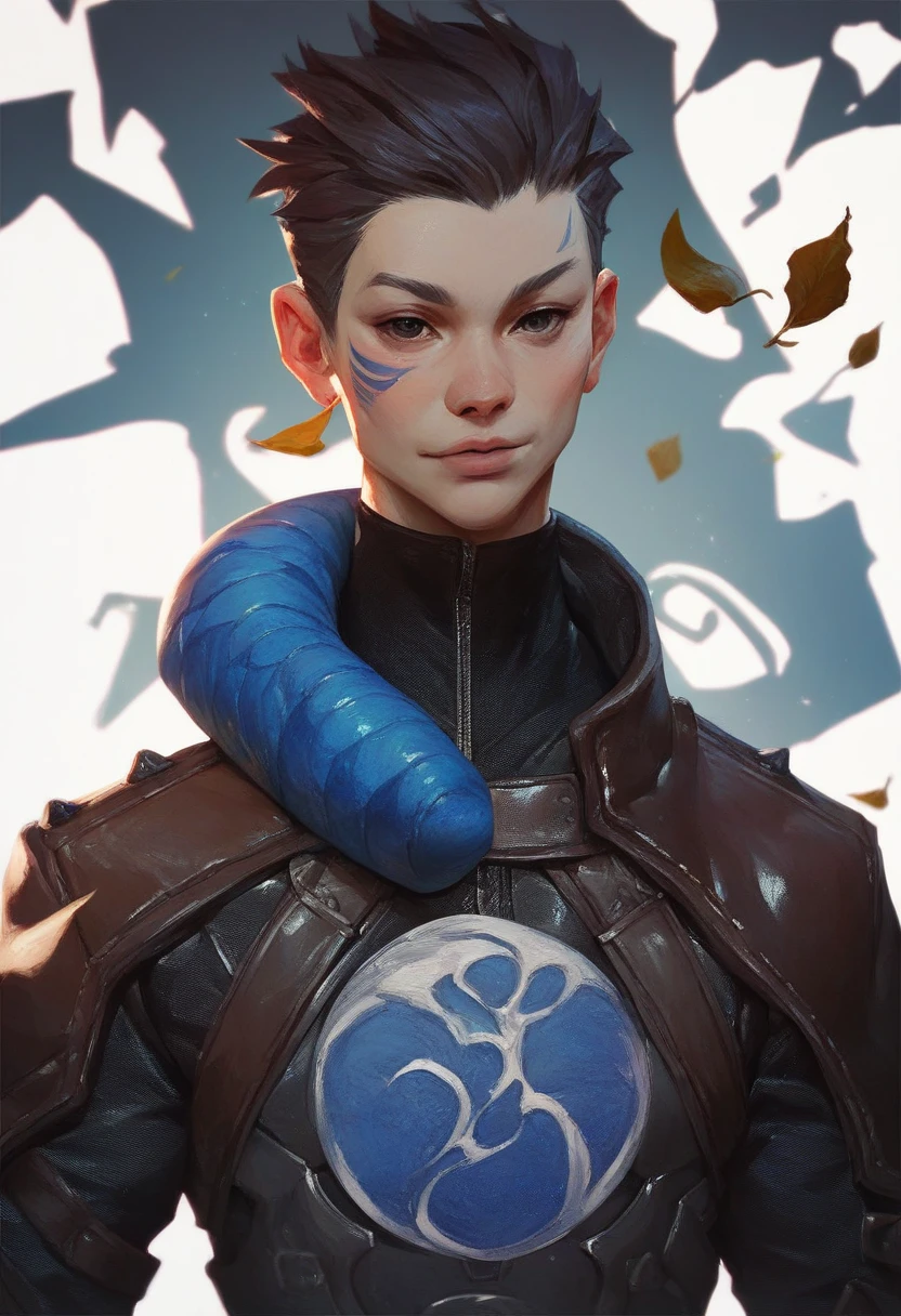 score_9, score_8_up, score_7_up, score_6_up, detailed character portrait, pale skin, black short hair with 3 gold leaf pins, thin face with black eye marks, regular blue snake on shoulders, simple brown leather armor with vertical plates, single katana, clean ink art style