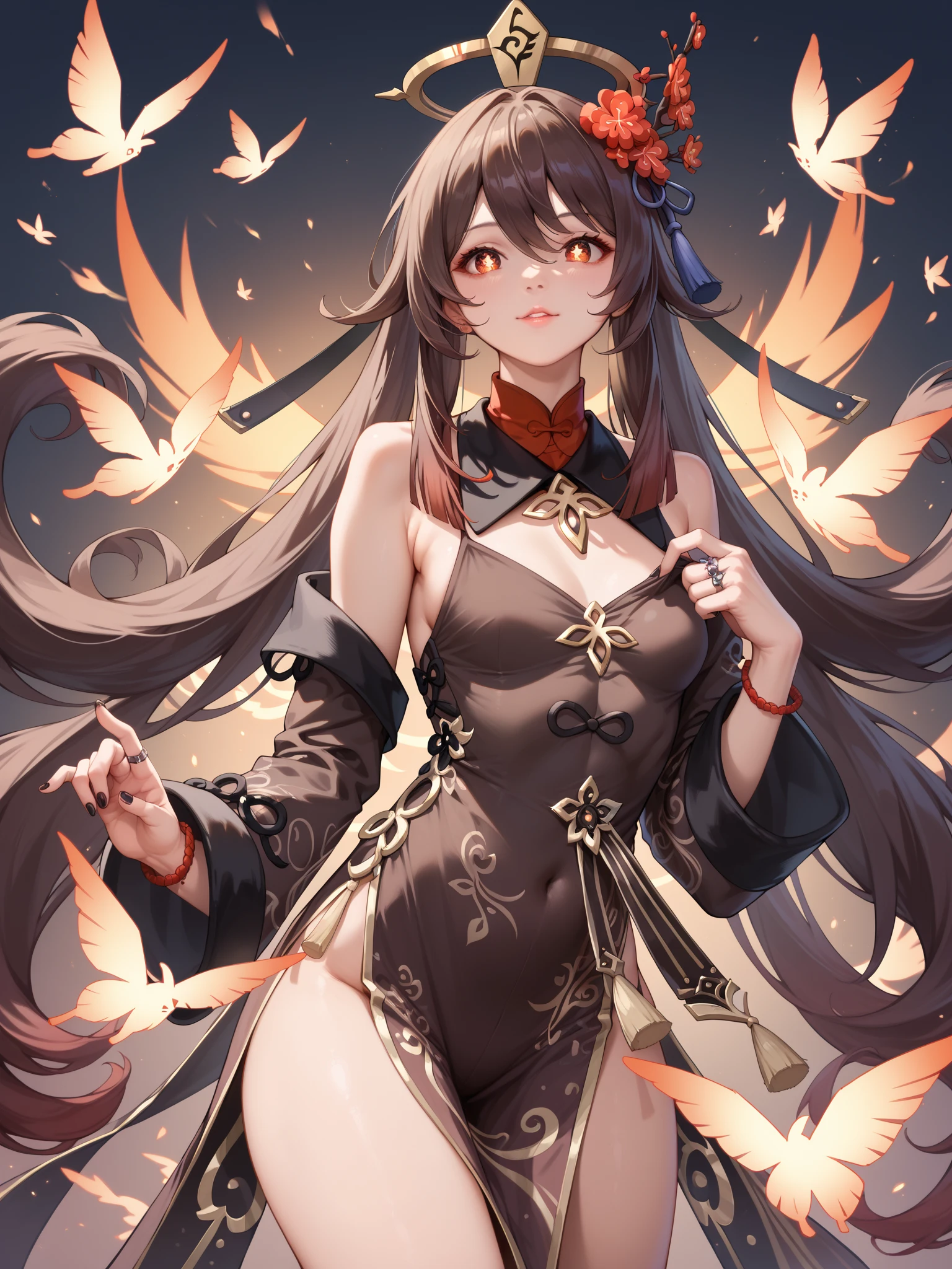 (((best quality))), ((ultra-detailed)), ((an extremely delicate and beautiful)), ((16k)), realistic, hd, cgi, gleaming hair, gleaming skin, gleaming dress, Character focus, solo, stylish pose, strong light coming in, sharp focus, illustration, game cg, anime, solo, curvy, (big breasts:1.3), forehead, ( Chinese Lace Up Cheongsam Open Chest Bodycon Dress High Slit Qipao mini), faste collarbone, (belly:0.9), standing, leaning forward, hand reaching viewer, looking at viewer, ocean, flower hair ornament, accessories, backlighting, shiny skin, shiny body, chibi, gloves, necklace, jewelry, black-brown hair, bead necklace, red faded into black colored hair, brown eyes, long hair, black bunny ears, red ubre hair, red black hair, more red hair streaks, smaller dress, bare feet kicking viewer