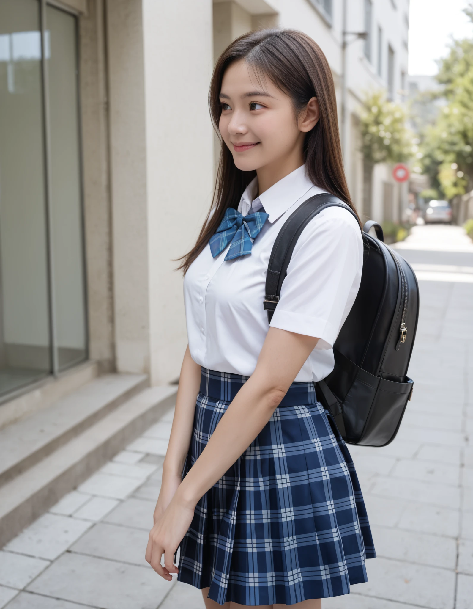 Masterpiece, hd, realistic, 1girl, brown hair, long hair, smile, medium breasts,school uniform, white collared shirt, blue bowtie, short sleeves, blue plaid skirt, mcm,bag, MCM bag, backpack, from side, cowboy shot, looking to the side, determined, outdoor, closed mouth, best quality