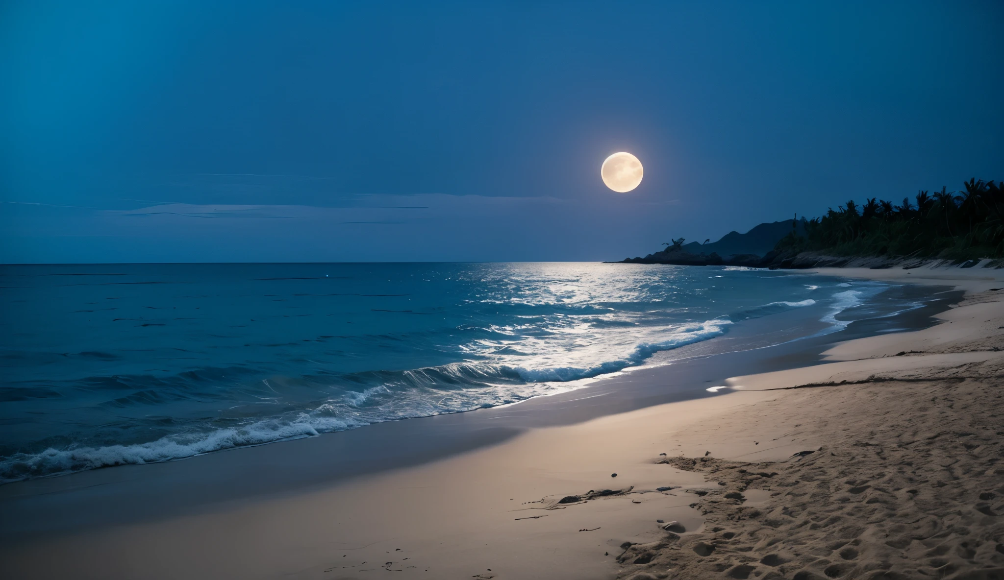 Night sea　 sandy beach　moon　 cool woman 