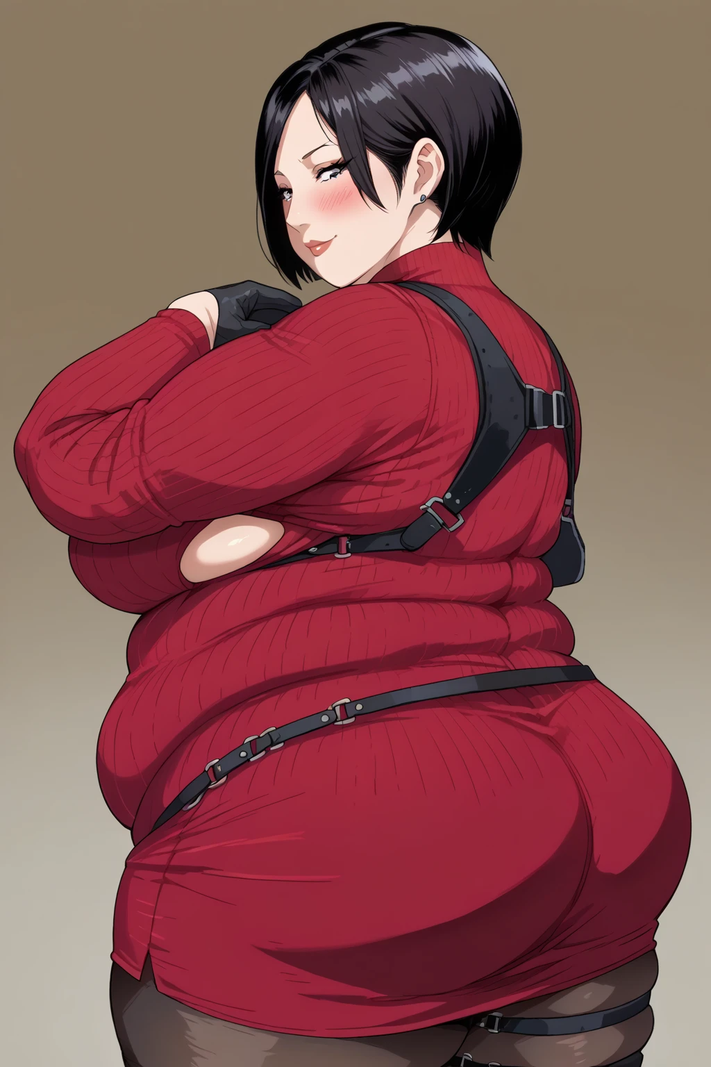 ada wong,Black Hair,  short hair,  dark eyes,  red sweater ,  turtleneck , Harness,  pantyhose,  Black Gloves , belt,  score_9,   score_8_up,   score_7_up,   score_6_up,   score_5_up,   score_4_up,     Masterpiece  ,   top quality,   Very Aesthetic,   absurd,   source_Anime, Anime screencap,   one woman , Alone,  personal  ,  Super huge breasts, ((( super huge clevis, Super huge , Super huge boob))), Curvy,  chubby , Mature Woman,  obese body type, blush,  troubled expression,  sloppy stomach , , puzzled expressions,