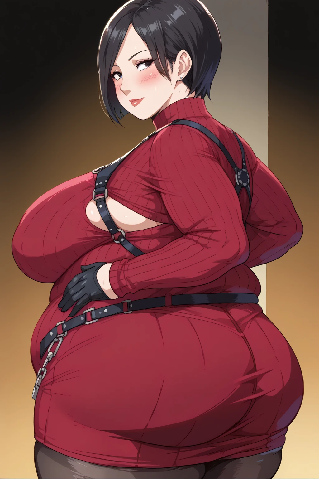 ada wong,Black Hair,  short hair,  dark eyes,  red sweater ,  turtleneck , Harness,  pantyhose,  Black Gloves , belt,  score_9,   score_8_up,   score_7_up,   score_6_up,   score_5_up,   score_4_up,     Masterpiece  ,   top quality,   Very Aesthetic,   absurd,   source_Anime, Anime screencap,   one woman , Alone,  personal  ,  Super huge breasts, ((( super huge clevis, Super huge , Super huge boob))), Curvy,  chubby , Mature Woman,  obese body type, blush,  troubled expression,  sloppy stomach , , puzzled expressions,