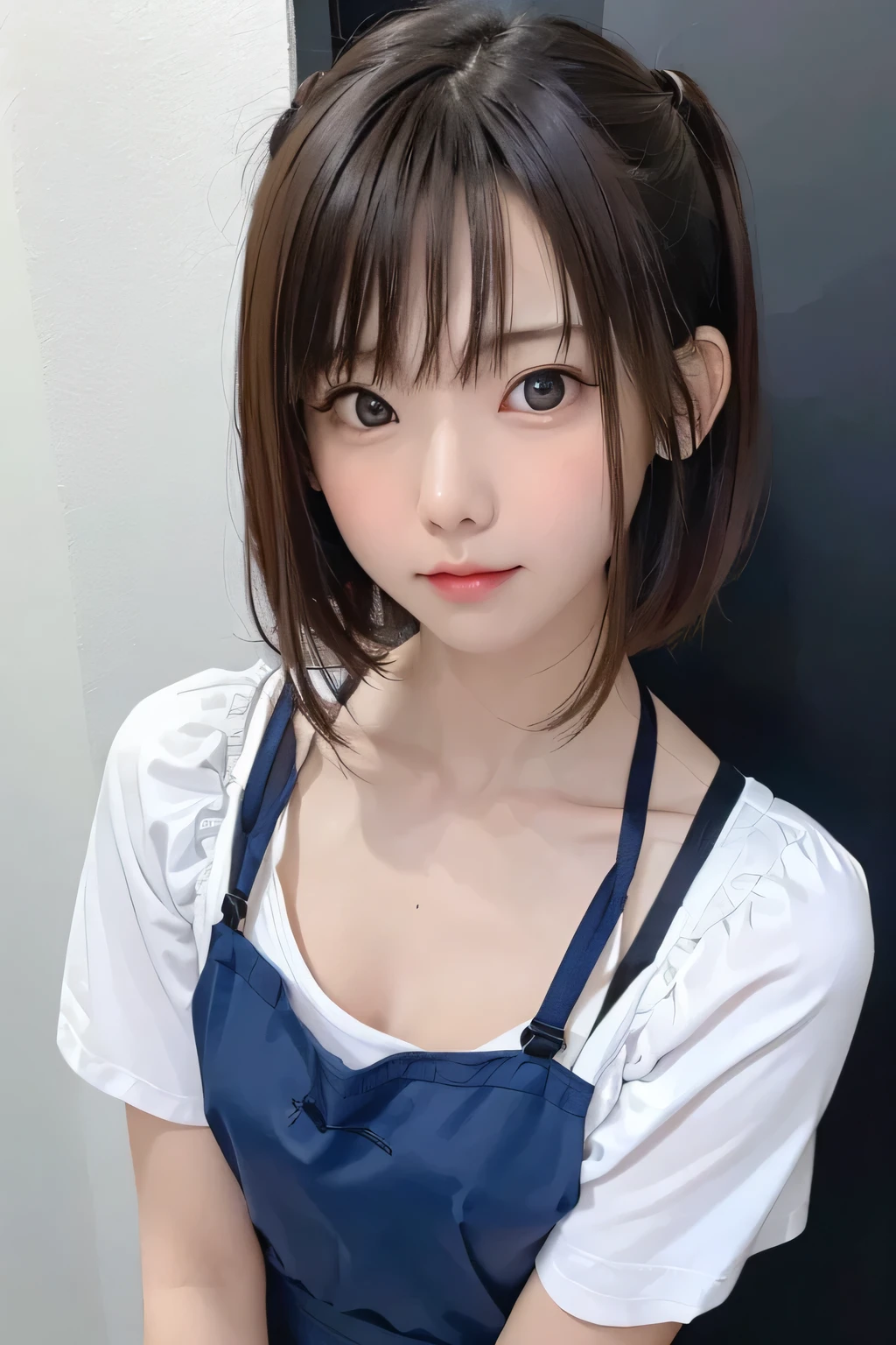 (masterpiece、 top quality、 Super detailed description、 super high resolution )、( Portrait Shooting :1.3)、 girl、solo、((small chest))、cute、 idol face、Simple Concrete Background、Stand with your back against a wall、 focus on the face 、Front closure、 apron,