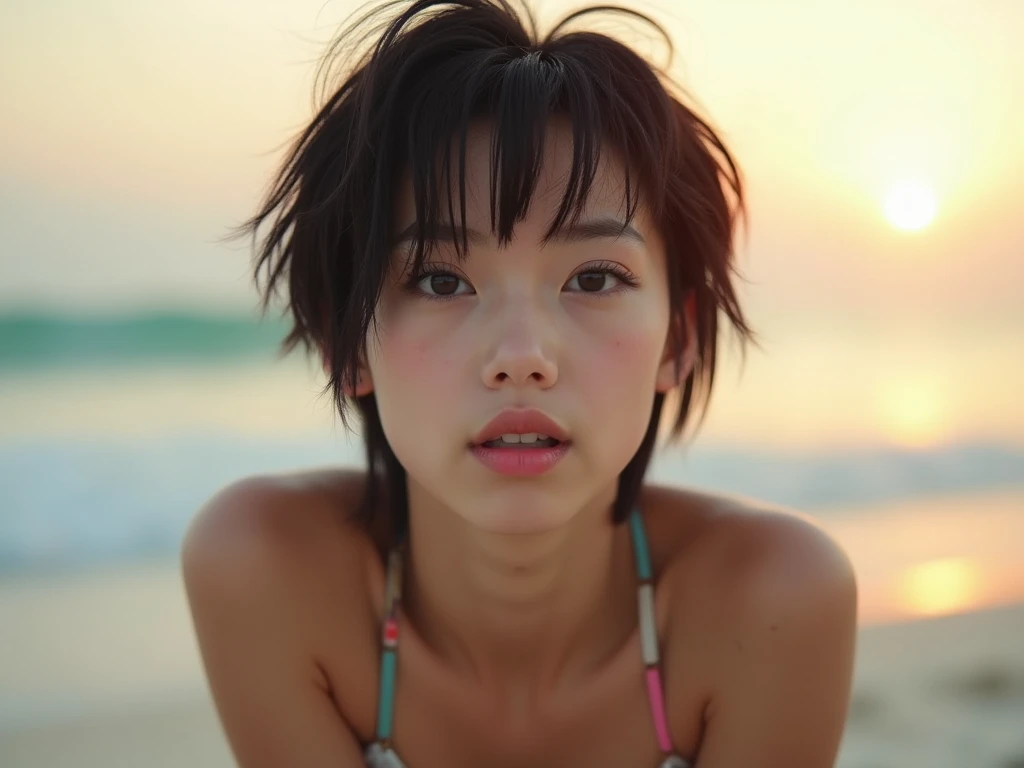 masterpiece, Realistic, hyperRealistic, Highest quality, Open your mouth, Lick, Sticking out tongue, Bobcut, Crouching, Bend, Spread your legs, Black Hair, front, looking at the camera, Primary school students, Swimwear, Pareo, Frills, Kissing Scene, Upper Body, Sad, RAW Photos, delicate, (Intricate details:1.3), Hyper Detail, In detail, colorful, Dark Shadows, One girl, alone, 8K Ultra HD, Film Grain, (photoRealistic:1.3), (Detailed skin:1.2), Beautiful attention to detail, Skin Texture, Light of the sun, beach, Ocean, Beach