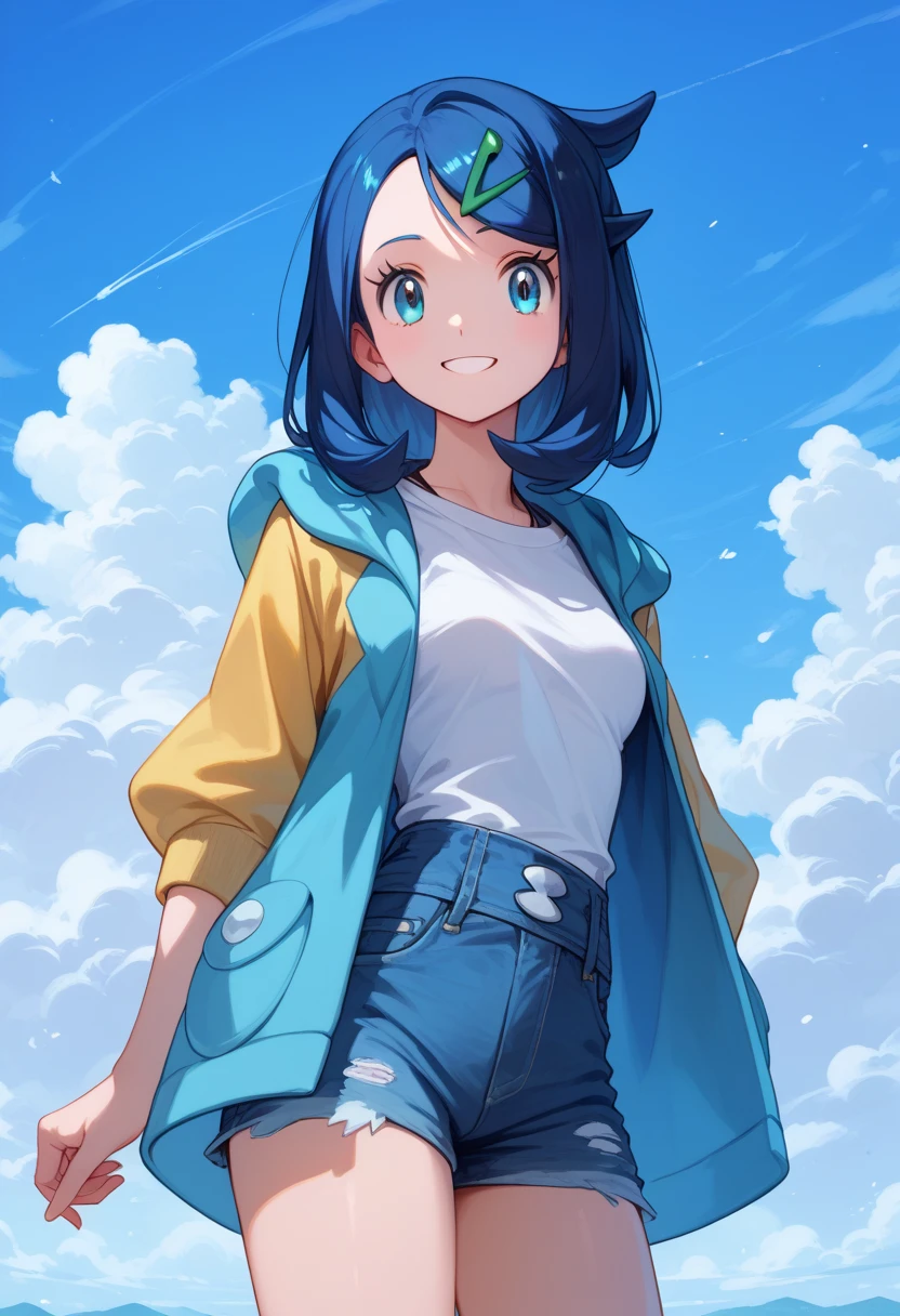 score_9, score_8_up, score_8, medium breasts, (curvy), cute, eyelashes,     
rating safe, 
BREAK,
liko \(pokemon\), blue hair, hair clip, white shirt, hooded jacket, open jacket, denim shorts,
smile, looking at viewer, outdoor,Blue sky,clouds
