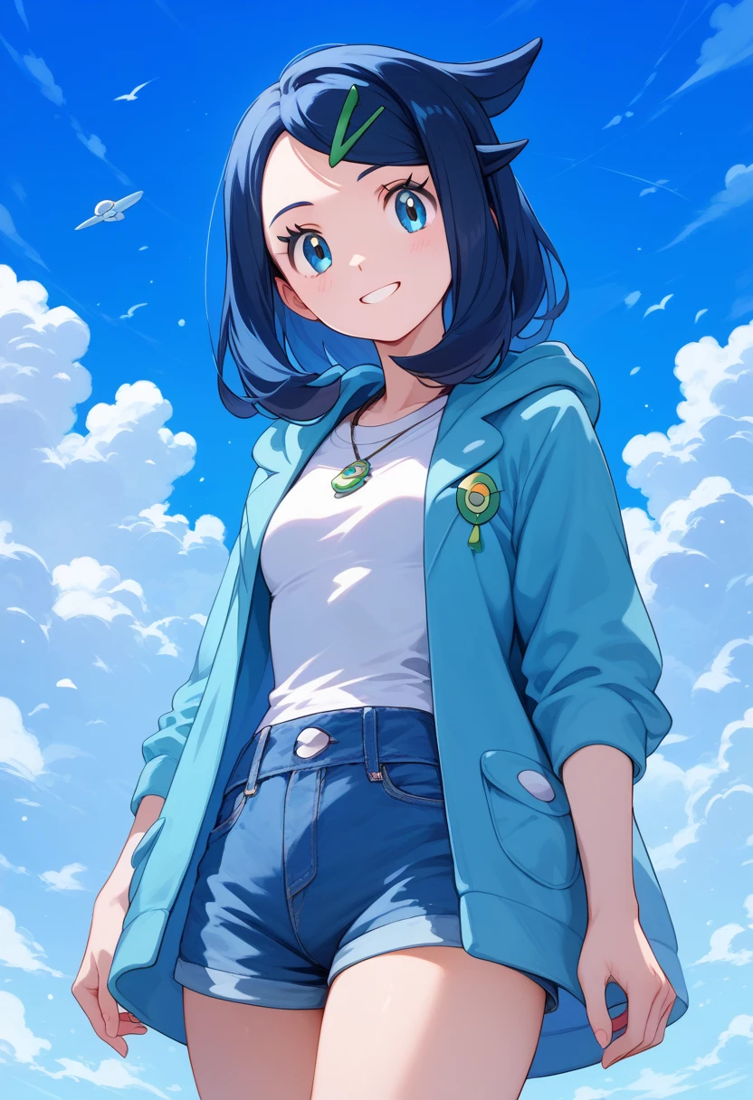 score_9, score_8_up, score_8, medium breasts, (curvy), cute, eyelashes,     
rating safe, 
BREAK,
liko \(pokemon\), blue hair, hair clip, white shirt, hooded jacket, open jacket, denim shorts,
smile, looking at viewer, outdoor,Blue sky,clouds
