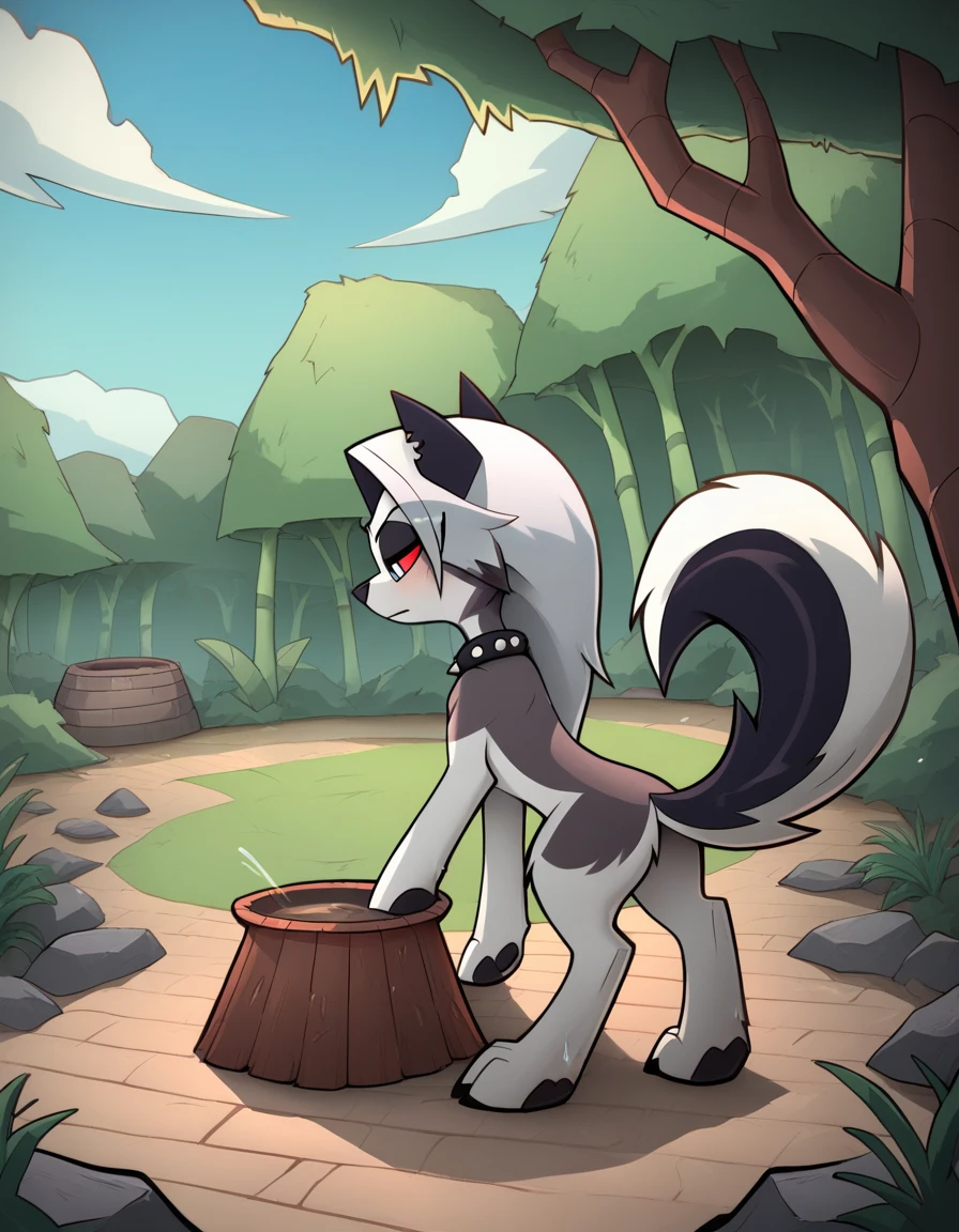 Loona (Helluva Boss), hellhound with sleek gray-and-white fur and striking red sclera, is immersed in a lush, tropical forest setting, surrounded by towering trees and thick vegetation. She is crouched down near a primitive mud hut she built herself, carefully shaping clay bricks for a small kiln. Her expression is focused and determined, with a hint of pride as she works with natural materials. Loona wears a minimalist outfit made from woven plant fibers, blending with the primitive aesthetic while accentuating her figure. Around her, scattered handmade tools like a stone axe, wooden bowls, and bamboo spears are visible. The background features a clear blue sky peeking through the dense green canopy, and a small fire pit nearby crackles softly. The lighting is natural and warm, with soft sunlight filtering through the trees, highlighting the glossy texture of her fur and the earthy tones of her surroundings. Masterpiece, highly detailed, cinematic lighting, vibrant colors, smooth textures, immersive natural environment.