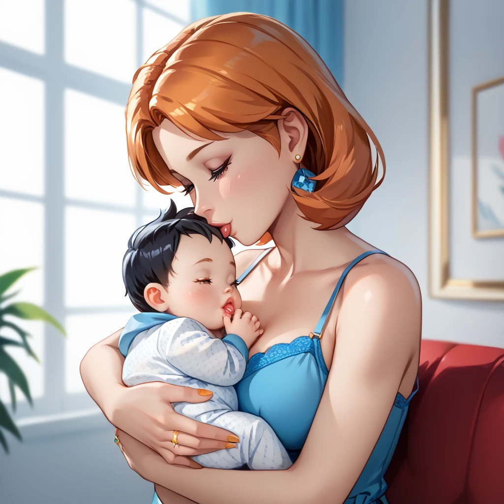 highly detailed, (duo focus), highres, 1woman, 1baby, BREAK, 1woman, Misty_G2, orange hair, gold wedding ring, ring on ring finger, blue teardrop earrings, blouse, holding baby, BREAK, 1baby, black hair, baby black hair, mother with baby, baby carry, swaddled, kiss to forehead,