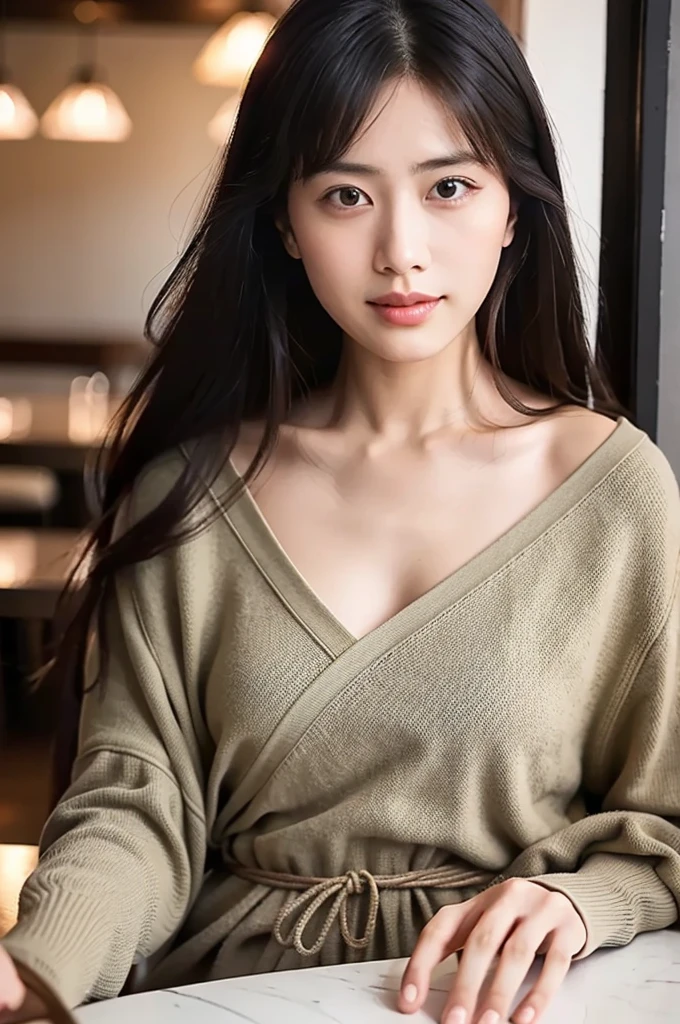 (masterpiece, best quality, perfect anatomy, highres, 8k, realistic, photorealistic, natural skin texture, no makeup:1.2), 1girl, solo, Japanese, age20, female university student, very cute, parted lips, (large breasts:1.2), (perfect figure1.2), earth colored winter clothes, winter, at the restaurant, omelet, natural lighting, portrait, inugao