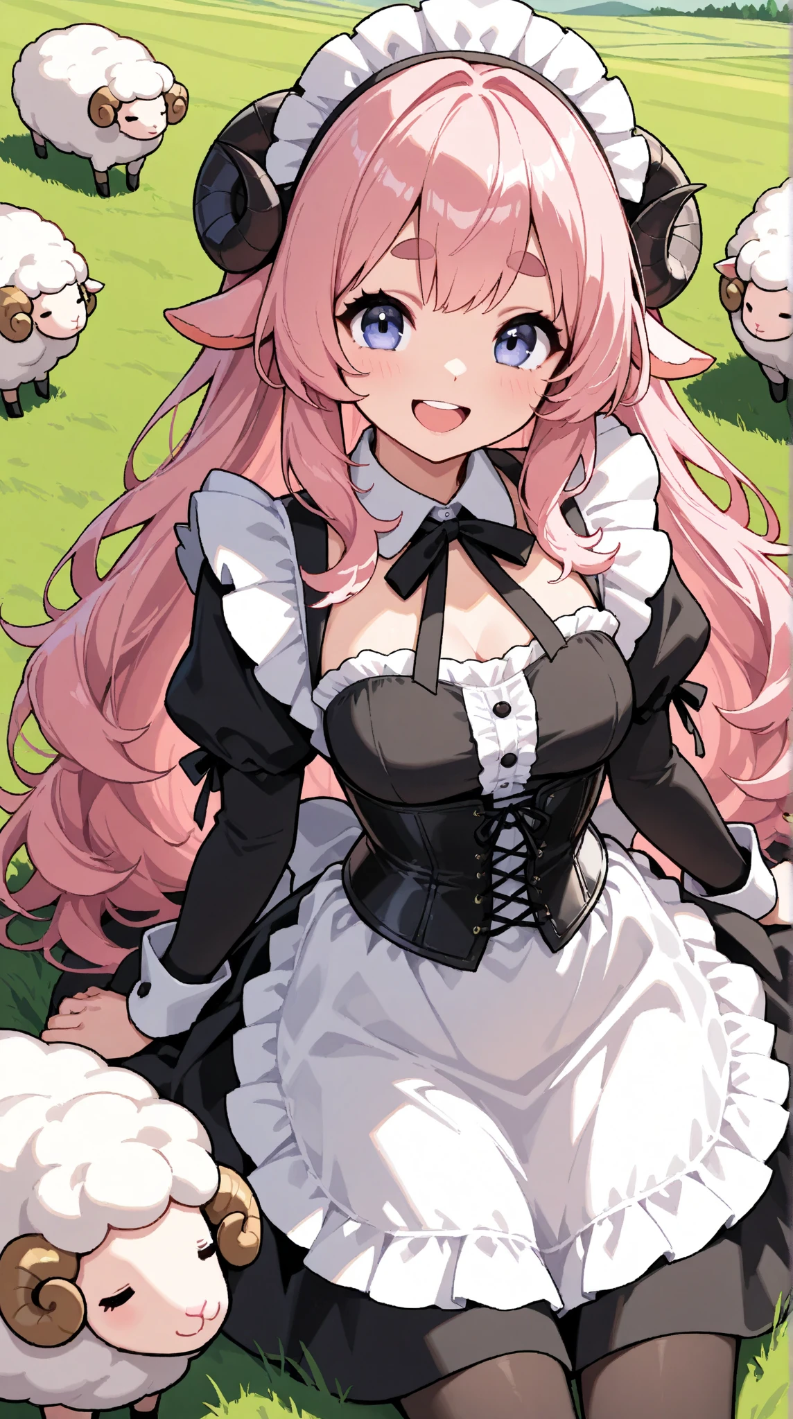  1 pretty girl,(masterpiece:1.3, top quality:1.3, very detailed depiction:1.3, incredible high resolution:1.3,High quality anime drawings),( pink hair, fluffy hair ,sheep毛のような髪の毛,Detailed eyes,Thick eyebrows, happy smiles),(Black and white gothic maid outfit, maid skirt, corset, black tights),grassland,sheep,