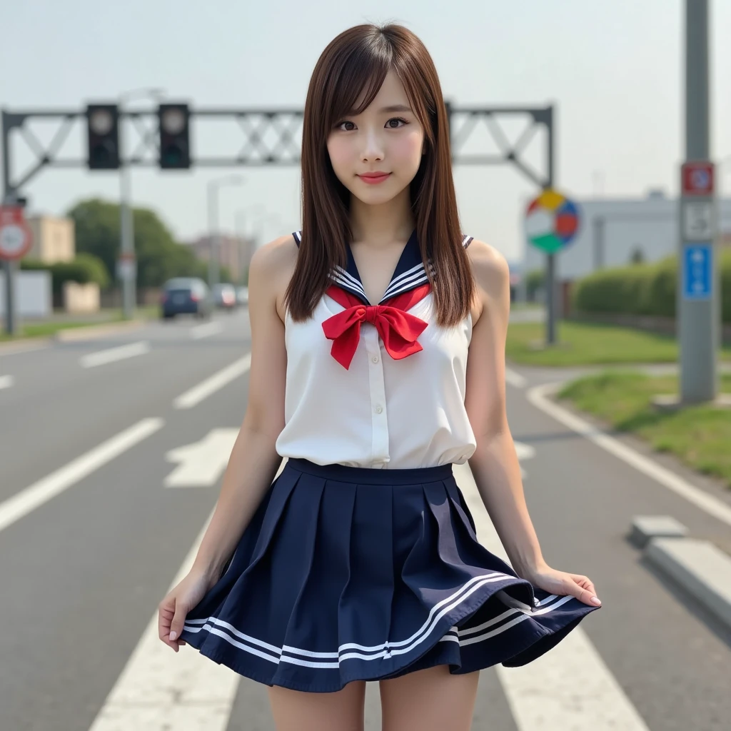 anna_girl, A high school girl is standing in front of a train crossing, Japanese High School Girl Uniforms, mini skirt (((her skirt is flipped up by wind:1.21))), (((her skirt was turned up by wind:1.21))), (((Gusts of wind from below)))