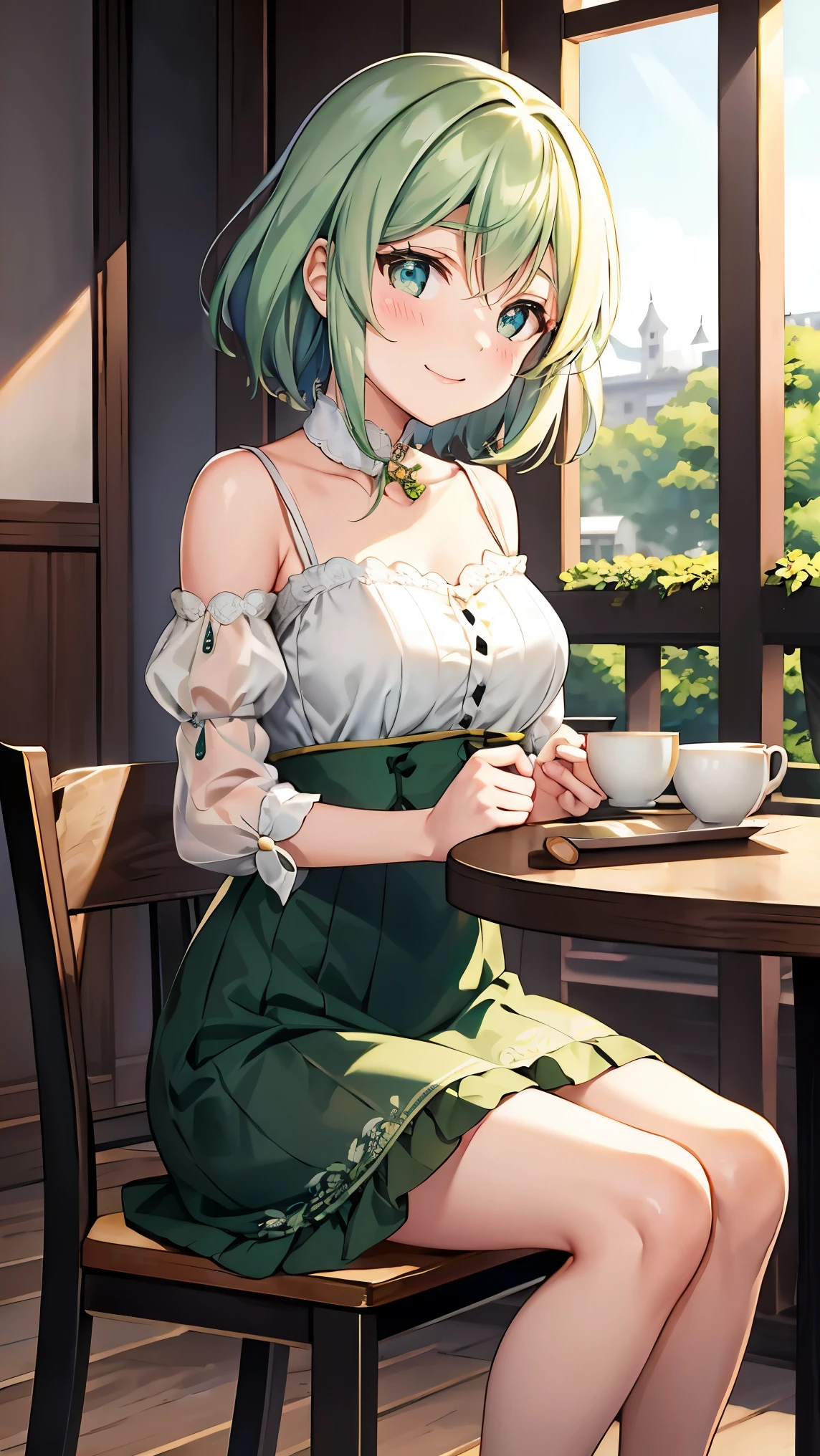  shoulder-length green hair,  small size breasts,  small tits、Green Eyes, 、(((Ladylike))), full body from head to toe 、、Shoulder knit、See-through patterned lace sleeves、Feminine clothing、、Chuckle、(( seated facing each other across the table from the viewer))、Cafe Date、 afternoon tea、町にあるStylishなカフェ、Chatting and drinking tea at a cafe、Stylish、、Reading or studying 