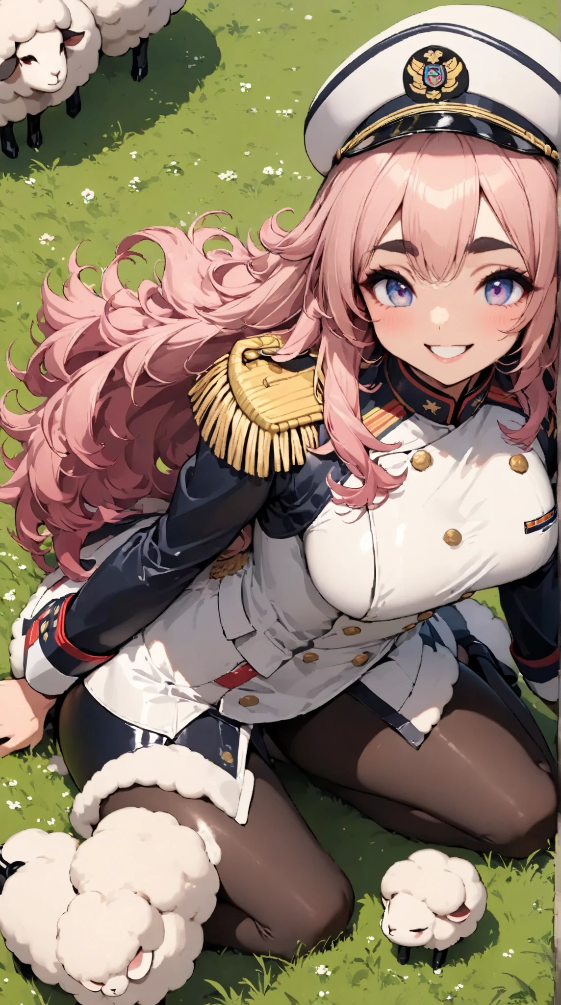  1 pretty girl,(masterpiece:1.3, top quality:1.3, very detailed depiction:1.3, incredible high resolution:1.3,High quality anime drawings),( pink hair, fluffy hair ,sheep毛のような髪の毛,Detailed eyes,Thick eyebrows, happy smiles),(Female military personnel,Female admiral,white-toned latex military uniform with epaulettes, tight skirt that sits at the crotch, black tights,White cap, high heels),grassland,sheep,