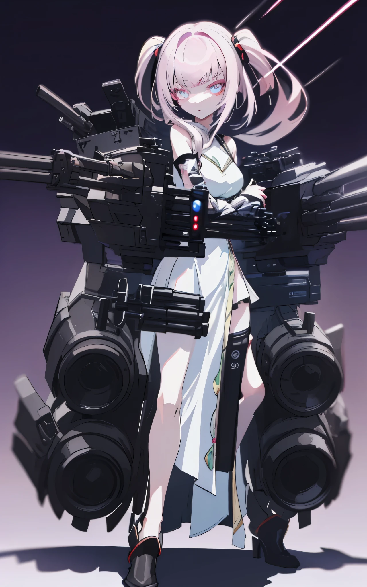 (cyber punk), (top quality:1.2, masterpiece:1.4, EXQUISITE RENDERING :1.3), ((A girl carrying a weapon that looks like a feather on her back:1.2)), (Clear eyes,  glossy lips , pretty face), ((  ARMS CONVERTED TO LASER CANNON:1.4)), (  WITH LASER CANNON :1.4), ((White long dress:1.8)), (  EXQUISITE PAINTED DRESS  ),   MECHANIZED ANIMATION MACHINE GUN FIRE ,  A warring sniper girl  , Soldier Girl,  FEMALE ACTION ANIMATION ANIMATION GIRL , Neon City,  POST APOCALYPSE ART ,  androgynous ,  mixed media ,  blue legwear , Analog Horror,Nightmare Fuel,  seductively beautiful ,  Beautiful and Evil ,  ((Fighting Pose:1.5)), (full body photo :1.2)、((black background:1.6)),