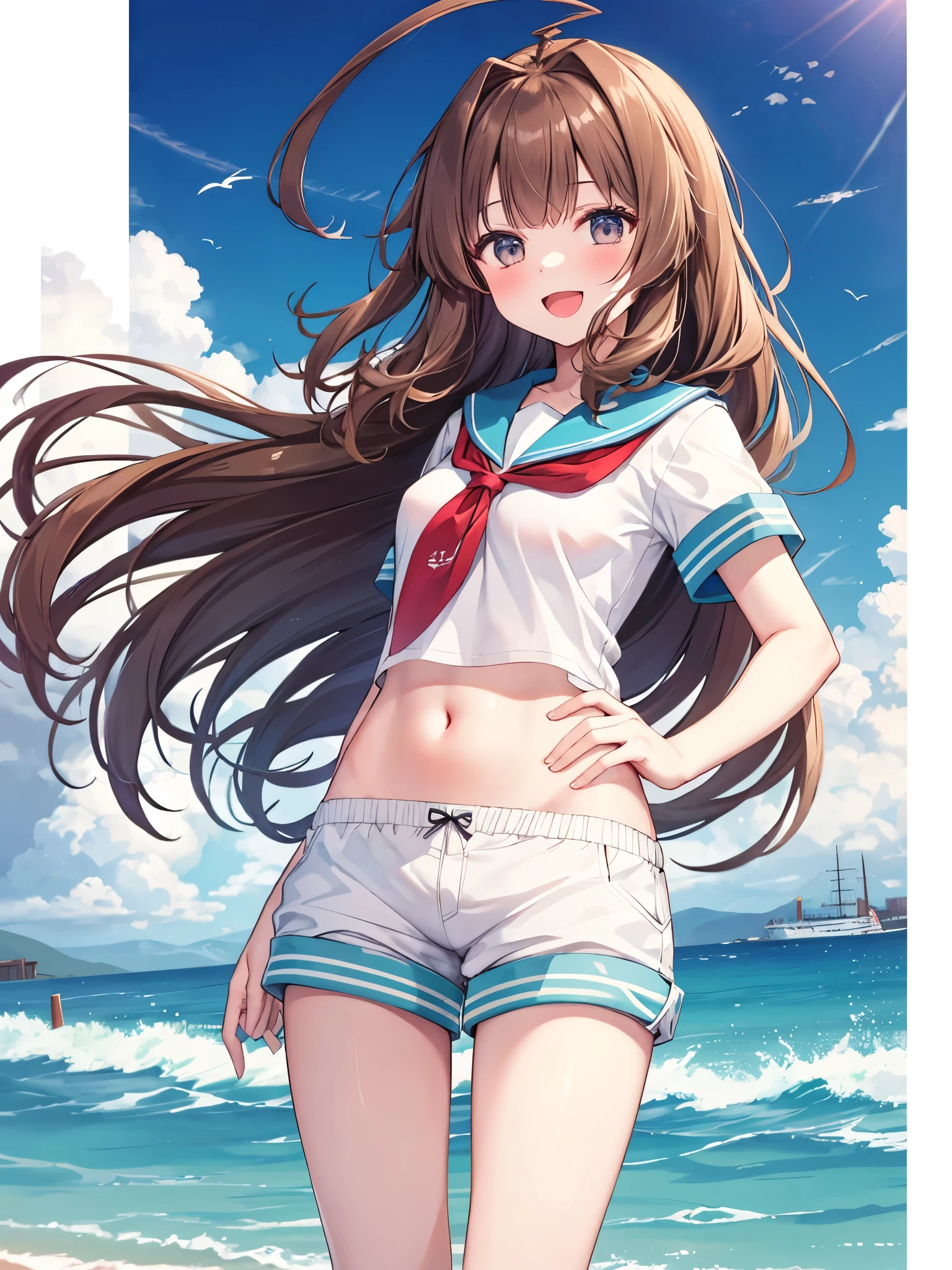 1young_teen_ girl, brown_hair, long_hair, sailor_uniform,white_ baggy_shorts, short_sleeve, thighs, small_breasts, big_smile, open_mouth, standing, harbor_background, slightly_spread_legs, happiness, covered_crotch,ahoge,XD,exciting,