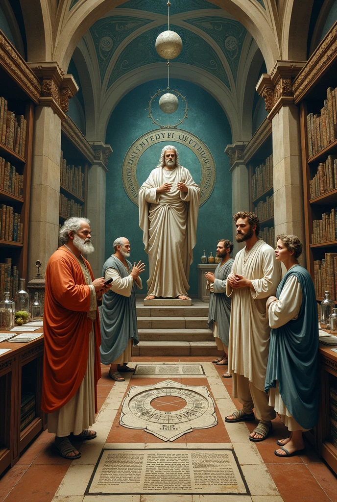 Statue of 5 philosophers with books in hand, em campo aberto estatuas em fileiras, com fundo de cidade detalhados