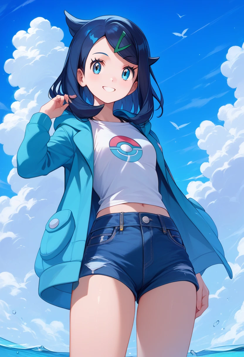 (8k, top quality, masterpiece: 1.3)),best quality, ultra high res,score_9, score_8_up,, source_anime, , medium breasts, (curvy), cute, eyelashes,
liko \(pokemon\), blue hair, hair clip, white shirt, hooded jacket, open jacket, denim shorts,
smile, looking at viewer, outdoor,Blue sky,clouds
