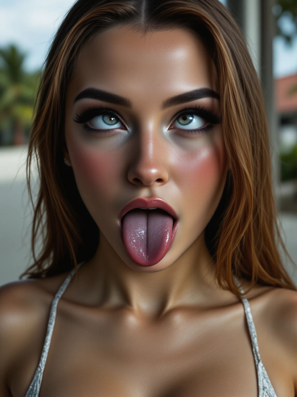 (Masterpiece low key. Light sculpting photography) Closeup portrait of a woman, age 20, full lips, epic cleavage,44dd round natural perky breasts. Soaked micro bikini soaked long straight hair, soaked body. Smirking. Tropical island. Rising moon. (Extreme Surprise face)) mouth forming an “oh”