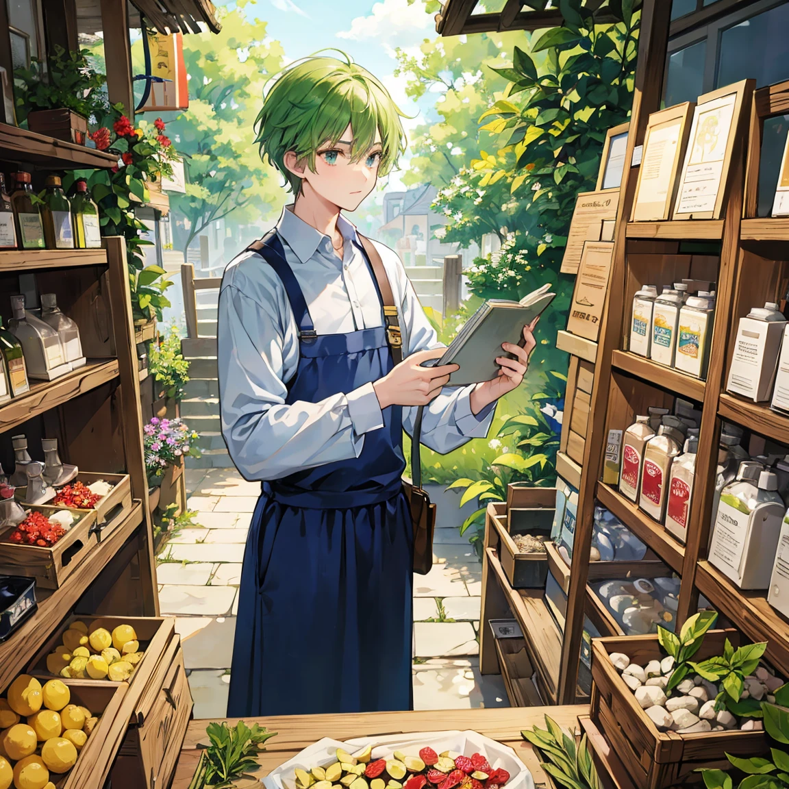 The wizard man with short green hair works as a pharmacist and buys medicinal herbs at the market