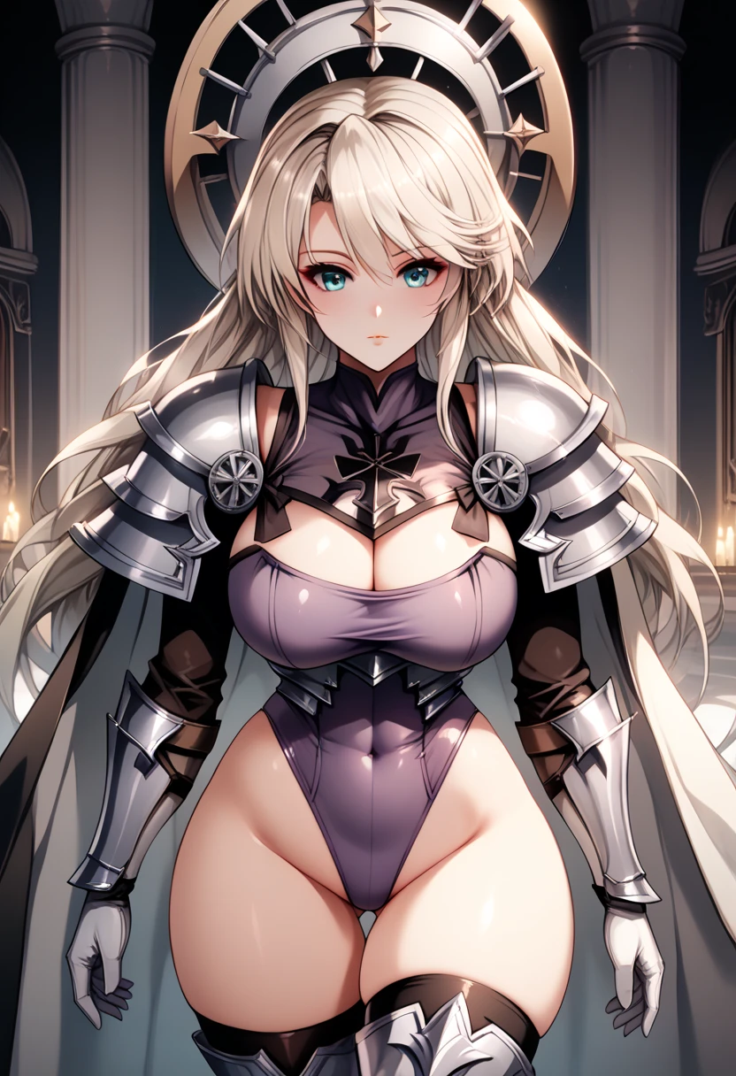 (solo),1girl,cowboy shot,((curvy)),((Tight and digging into the skin:1.2)),perfect face, cute anime face,baby face,((Azur Lane Style)),sword and shield, ((rune knight \(ragnarok online\))), ((high leg purple leotard:1.3)),((Fully Armored Valkyrie Armor)),((Clear body lines:1.4)),((breastplate and shoulder armor)),(white long gauntlet gloves),((platinum blonde hair long straight hair)),((huge hanging breasts)),(High leg crotch thick thighs thigh gap),((thigh-high boot on the tight skin that digs into it)),cleavage, Curvy wide hips, zettai ryouiki, Perfect and beautiful aqua eyes, gleaming skin, Porcelain-white skin, Perfect hands, perfect fingers,((highest quality)), rana, ((masterpiece)), 8k, ultra high resolution,castle town, professional lighting,