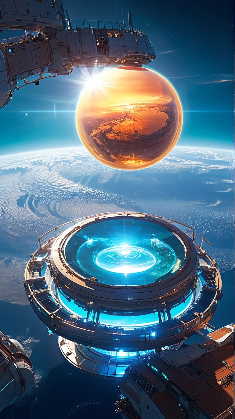 A futuristic space station orbiting the giant planet, An Earth-like exoplanet with a shining aquamarine ocean and swirling teal clouds. planet's surface is gleaming,  cities that shine so bright that they can be seen from space .  The station itself is an architectural marvel with a rotating living ring , Crystalline biological domes ,  and sophisticated docking spires . Its metallic surface reflects the warm hues of the planet's sunset,  visible through a transparent atmosphere .  station's solar panels spread out like flower petals ,  shining in starlight . Planet ,  with a pale gold ring system that gracefully arcs ,  giving this scene a surreal and spectacular atmosphere 