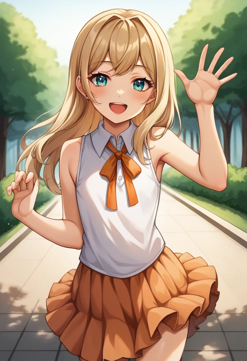 score_9, score_6_up, source_anime, uncensored, cowboy shot, BREAK 
1girl, solo, teenage, short girl, beige blonde hair, long hair, feathered hair, feathered bangs, turquoise eyes, flat chest, 
(white sleeveless blouse, orange frilled skirt, orange neck ribbon), 
looking at viewer, smile, open mouth, waving, standing, bare legs, BREAK 
outdoors, park, noon