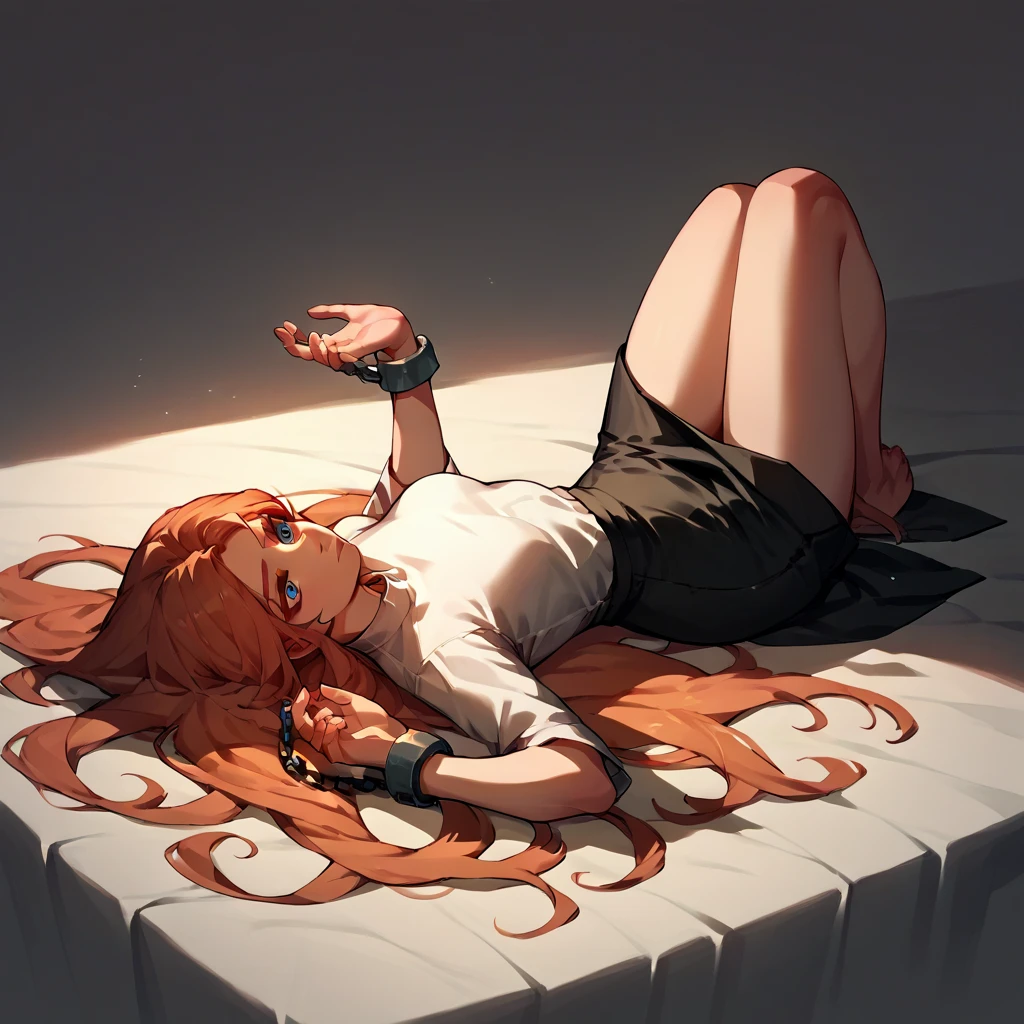  1 girl ,  black skirt,  white shirt with large cutout in the middle, black very long hair , Blue Eyes with Long Lashes ,   lying in bed , laughter,  chain on hand,  Hold up your hand