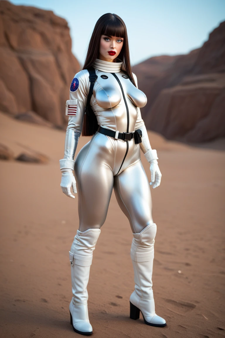 (Muscular:2), (thick thighs:1), (large round breasts:1), (large muscular chest and shoulders:1.4), FEMALE, brown hair, long brown hair, (big smile:0), (wearing a tight white spacesuit:1.5), looking at viewer, (three quarter view:1.2), upper body view, (derelict forest at night:1.5), dark lighting, detailed skin, detailed eyes, (dark skin:1.4), (very thin waist:1.2), (huge round muscles:1.5),