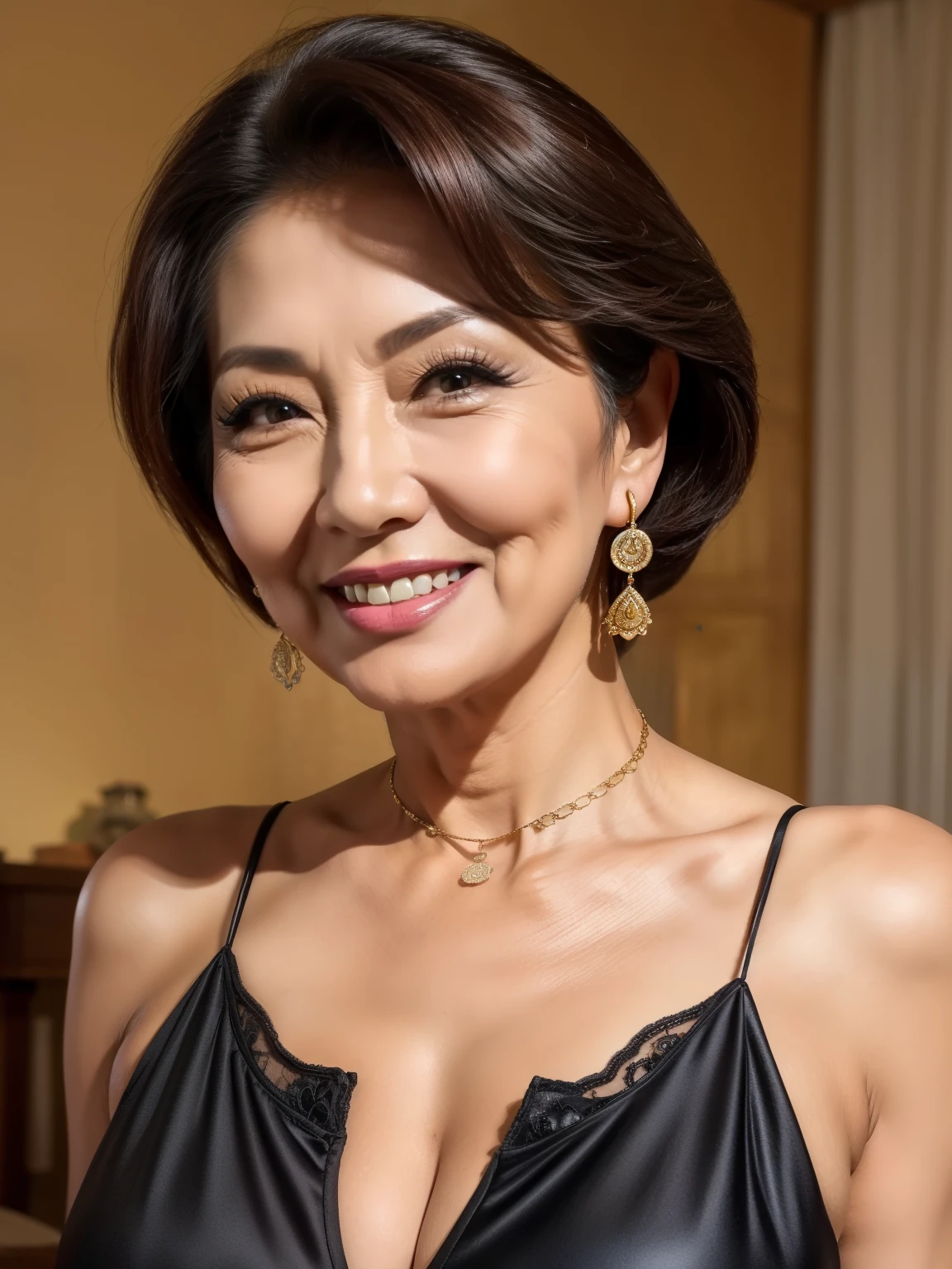 (masterpiece:1.4),(Beautiful 66 year old woman:1.5),(Facial wrinkles : 1.2),(She had a big cowbell around her neck. : 1.2), (cow print bikini : 1.2), fluffy fabric, Fluffy blanket, (Plump body : 1.1), Very white skin, pores, Skin blemishes, Dull-skin, gentle smile, long hair, enormous Saggy breasts, (hanging breasts), In the barn, Detailed Background, 