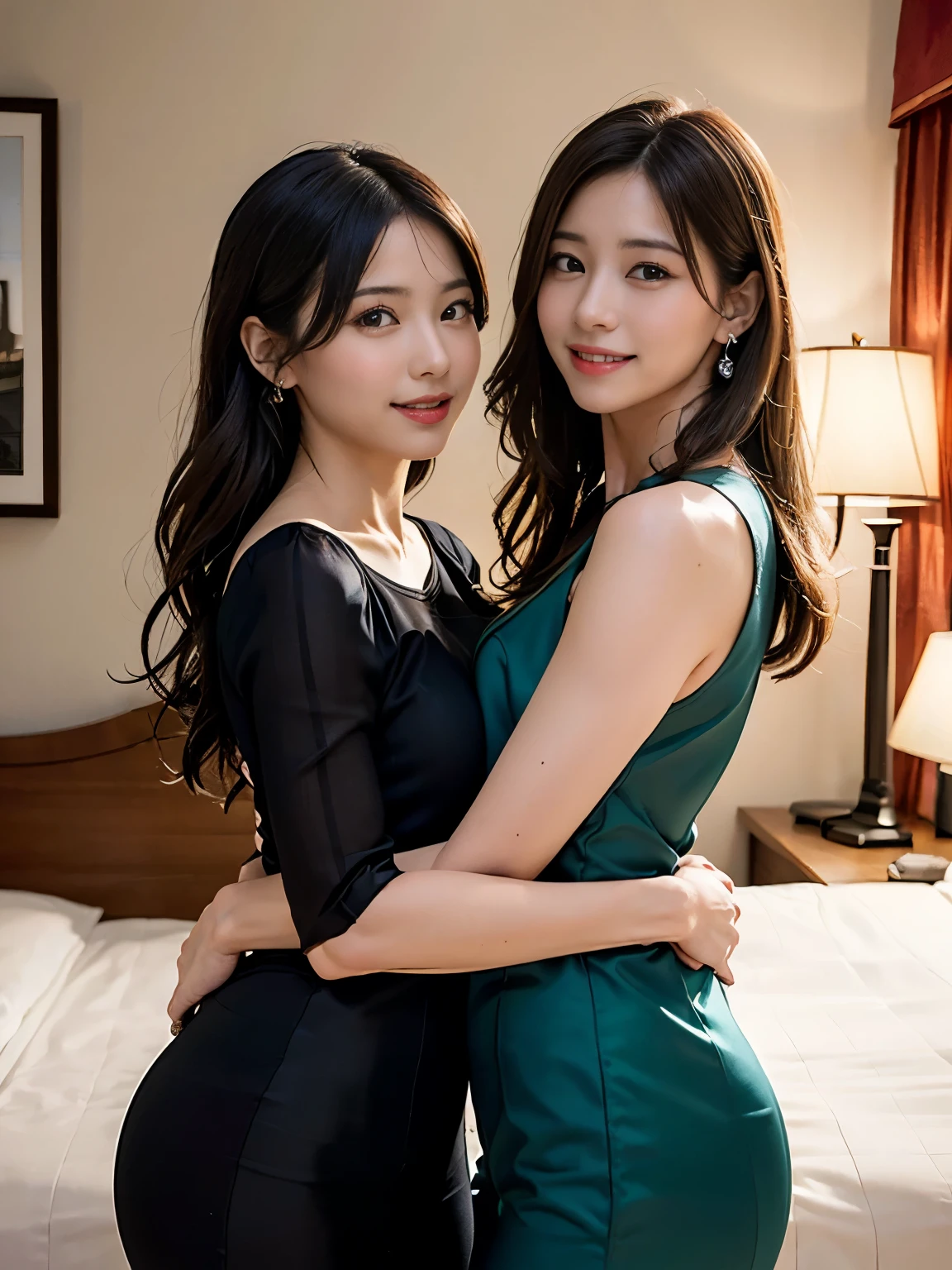 ( top quality, masterpiece, photorealistic , more , ultra high resolution:1.3), (2girls, , Japanese ), Big Breasts, (smile), ( gorgeous dresses :1.2), ( Embrace each other:1.5 )、bangs, long hair, from side, ( trying to kiss)、( luxury hotel bedroom :1.5)、 Christmas decorations 、 Christmas tree