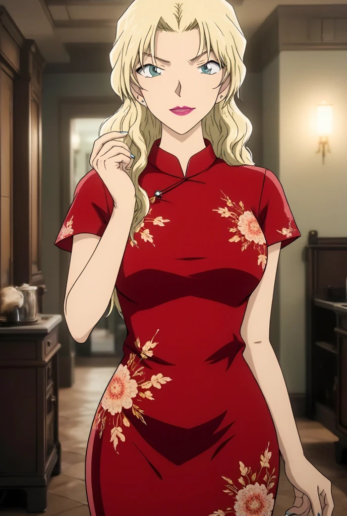 (masterpiece, best quality, newest, absurdres, highres, safe), 1 mature woman, (wearing a red cheongsam, perfect figure:1.3), vermouth, anime style