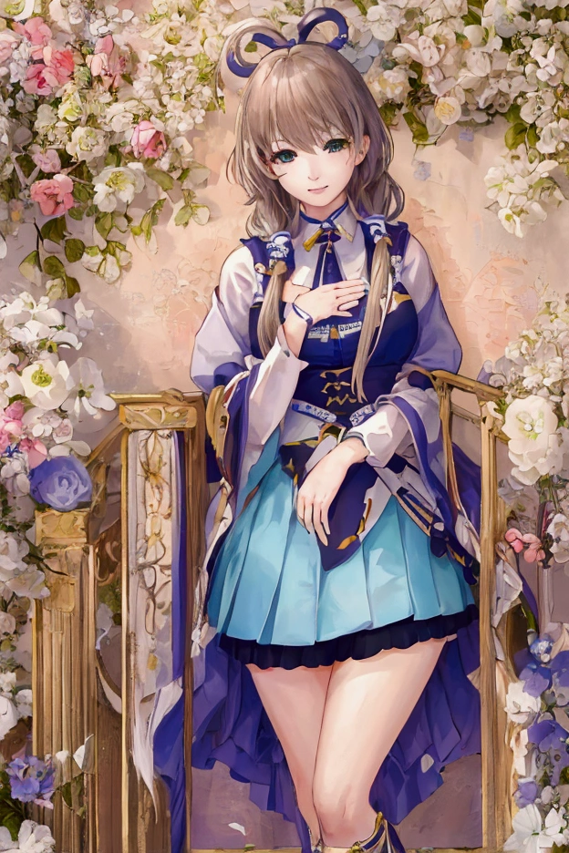  （ a girl ） ， （ wearing a blue and white pleated skirt），（Hyper-Reality）， （illustration）， （ high resolution）， （8K）， （The picture is very detailed ）， （最佳illustration）， （ beautiful detailed eyes）， （ Best Quality ）， （  super detailed ）， （masterpiece）， （wallpaper）， （detailed face），((masterpiece)), ((( Best Quality ))), ((  extremely detailed )),  colorful, HDR, 1 Girl,  unique , luo tianyi (Kushki), (Gushki thighs :1.2),（Beautiful and delicate hands ），